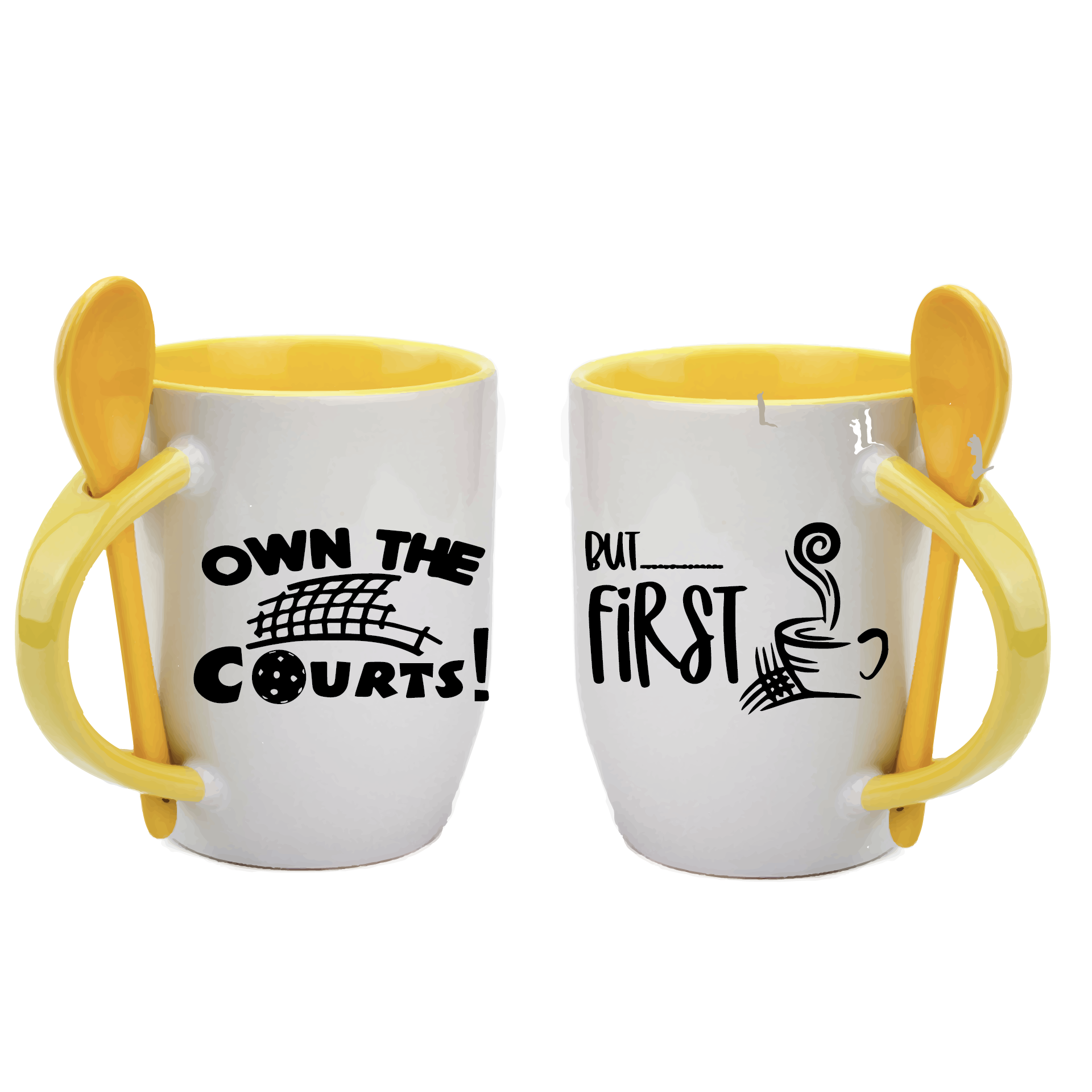 Pickleball Coffee Mug Design: Own the Courts! But... First Coffee  Start you day out right with these super cute and funny coffee mugs for pickleball lovers!! Designs are printed around the whole mug.  These are a high-quality 12 oz, ceramic mug. Color choices include Blue, Yellow, Red, and Green. For the longevity of the mug, hand wash only.