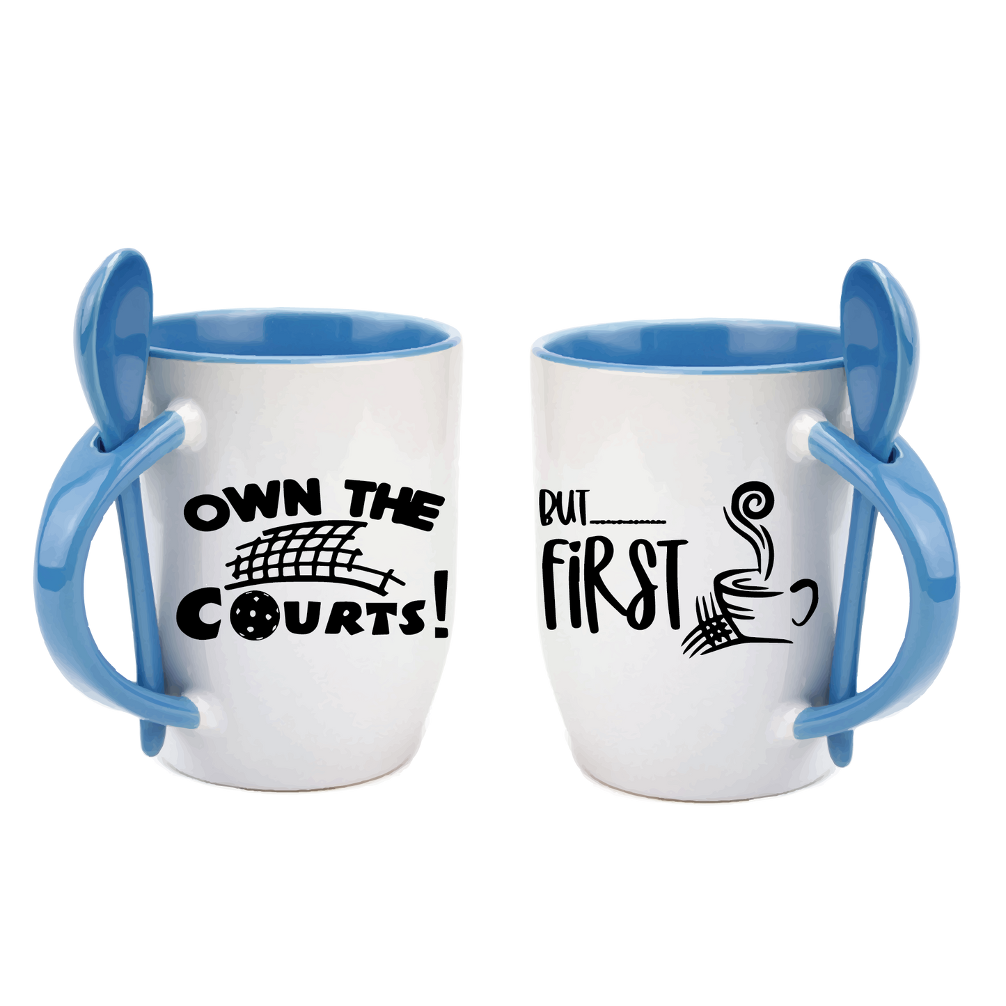 Pickleball Coffee Mug Design: Own the Courts! But... First Coffee  Start you day out right with these super cute and funny coffee mugs for pickleball lovers!! Designs are printed around the whole mug.  These are a high-quality 12 oz, ceramic mug. Color choices include Blue, Yellow, Red, and Green. For the longevity of the mug, hand wash only.