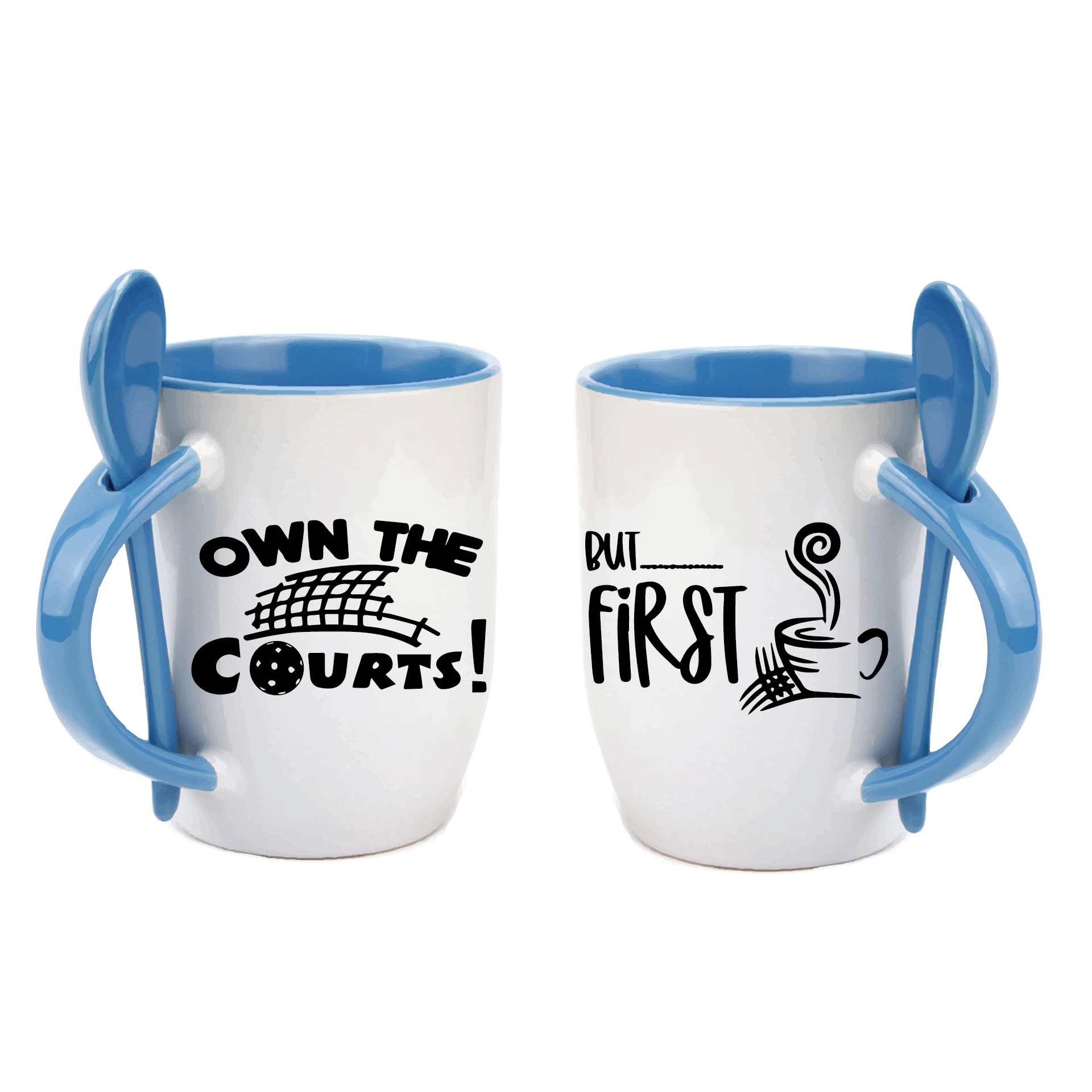 Pickleball Coffee Mug Design: Own the Courts! But... First Coffee  Start you day out right with these super cute and funny coffee mugs for pickleball lovers!! Designs are printed around the whole mug.  These are a high-quality 12 oz, ceramic mug. Color choices include Blue, Yellow, Red, and Green. For the longevity of the mug, hand wash only.