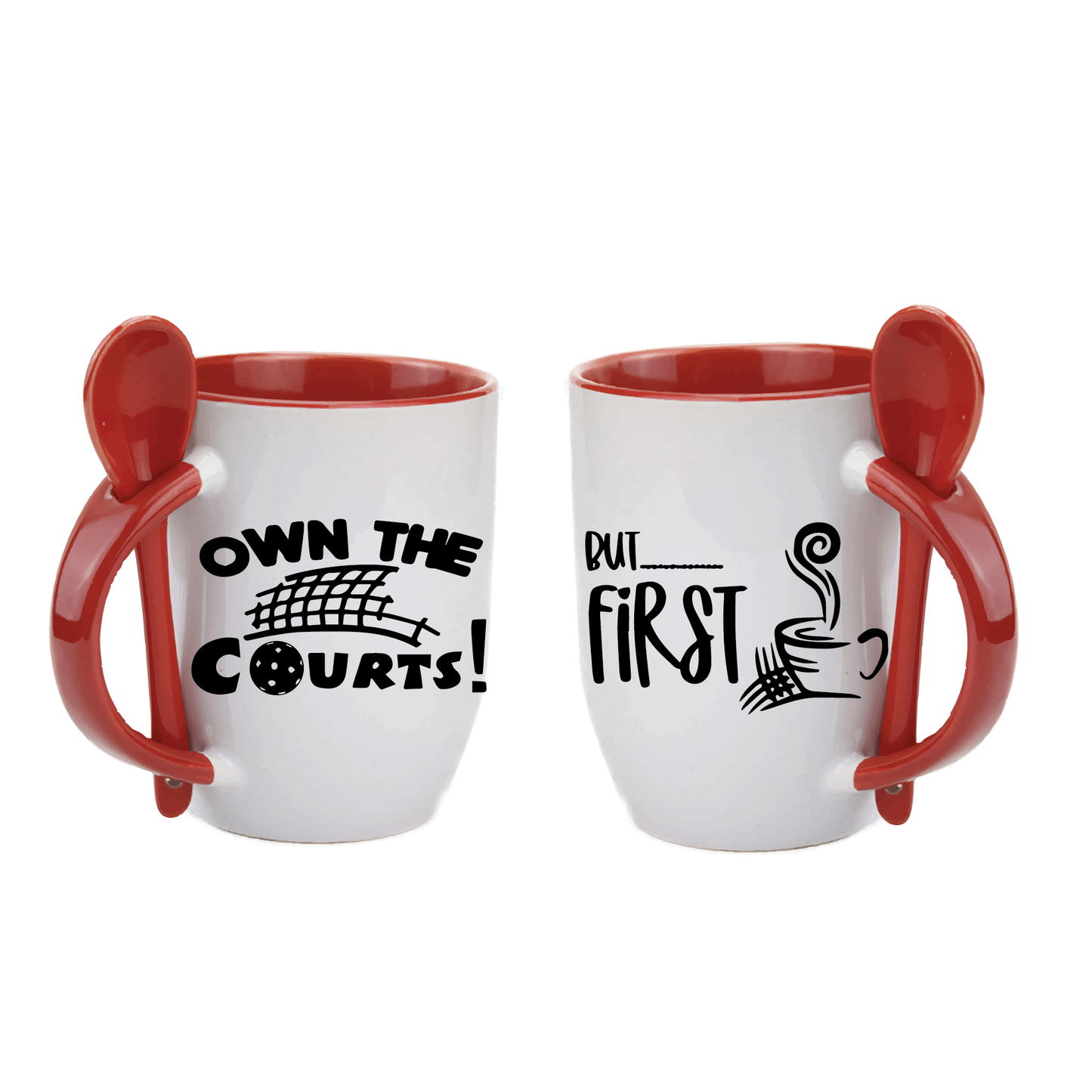 Pickleball Coffee Mug Design: Own the Courts! But... First Coffee  Start you day out right with these super cute and funny coffee mugs for pickleball lovers!! Designs are printed around the whole mug.  These are a high-quality 12 oz, ceramic mug. Color choices include Blue, Yellow, Red, and Green. For the longevity of the mug, hand wash only.