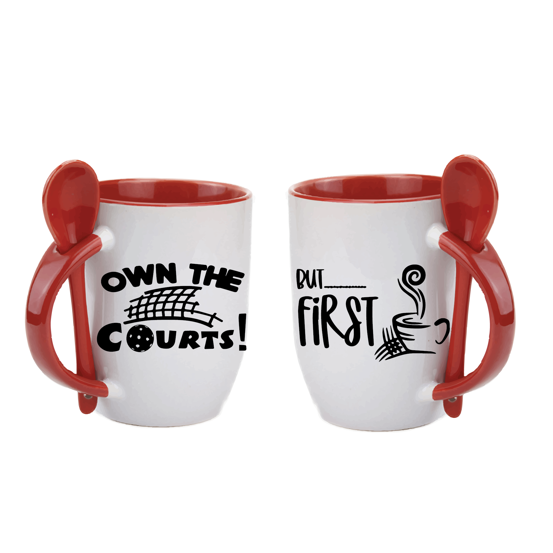 Pickleball Coffee Mug Design: Own the Courts! But... First Coffee  Start you day out right with these super cute and funny coffee mugs for pickleball lovers!! Designs are printed around the whole mug.  These are a high-quality 12 oz, ceramic mug. Color choices include Blue, Yellow, Red, and Green. For the longevity of the mug, hand wash only.