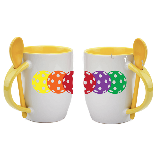 Pickleball Coffee Mugs Design: String of Pickleballs  Start you day out right with these super cute and funny coffee mugs for pickleball lovers!! Designs are printed around the whole mug.  These are a high-quality 12 oz, ceramic mug. Color choices include Blue, Yellow, Red, and Green. For the longevity of the mug, hand wash only.