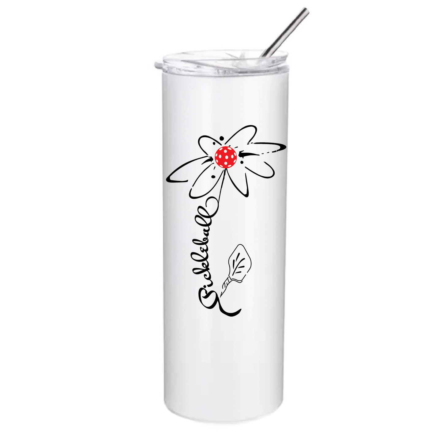 Pickleball Tumbler Design: Pickleball Flower  These stainless steel Tumblers help keep your drink cold for 24 hours while you are out on the court playing!! Also can help keep warm drinks warm for 8 hours. No BPA and a sweat-free coating. These are also PP food grade drink containers. Comes with a splash proof lid with a seal ring which makes it beautiful and durable. One-piece molding makes it crack free for long time durability.