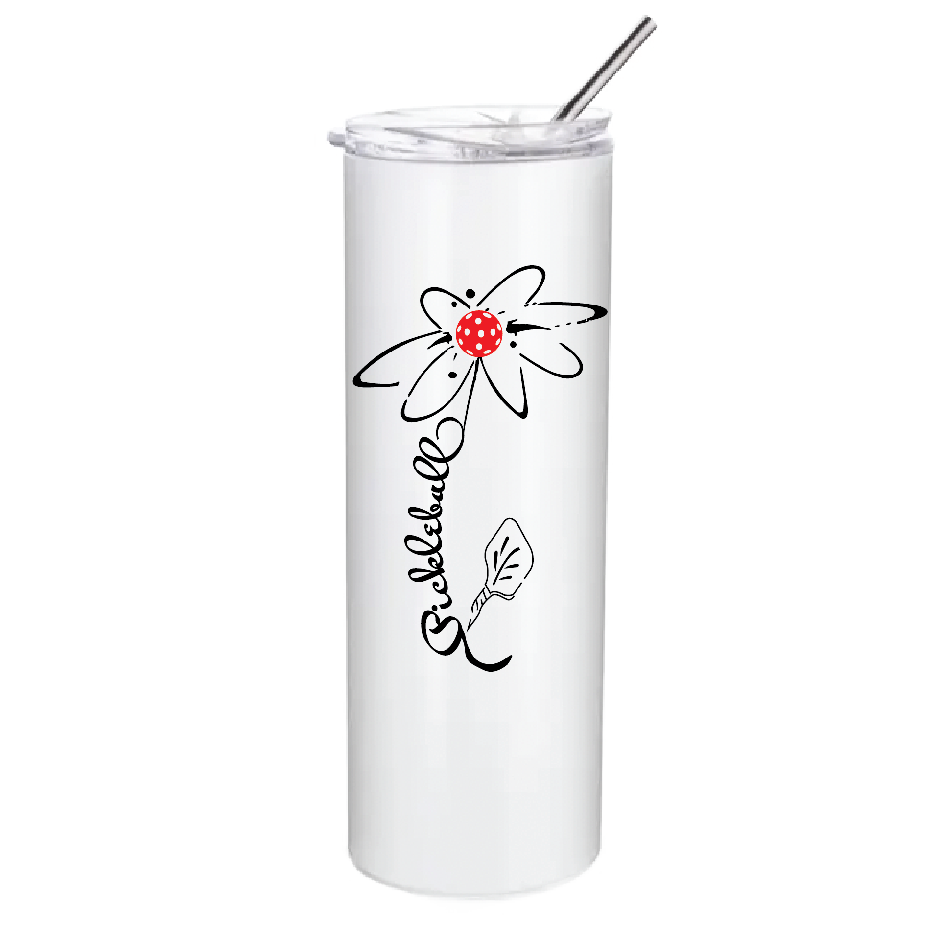 Pickleball Tumbler Design: Pickleball Flower  These stainless steel Tumblers help keep your drink cold for 24 hours while you are out on the court playing!! Also can help keep warm drinks warm for 8 hours. No BPA and a sweat-free coating. These are also PP food grade drink containers. Comes with a splash proof lid with a seal ring which makes it beautiful and durable. One-piece molding makes it crack free for long time durability.