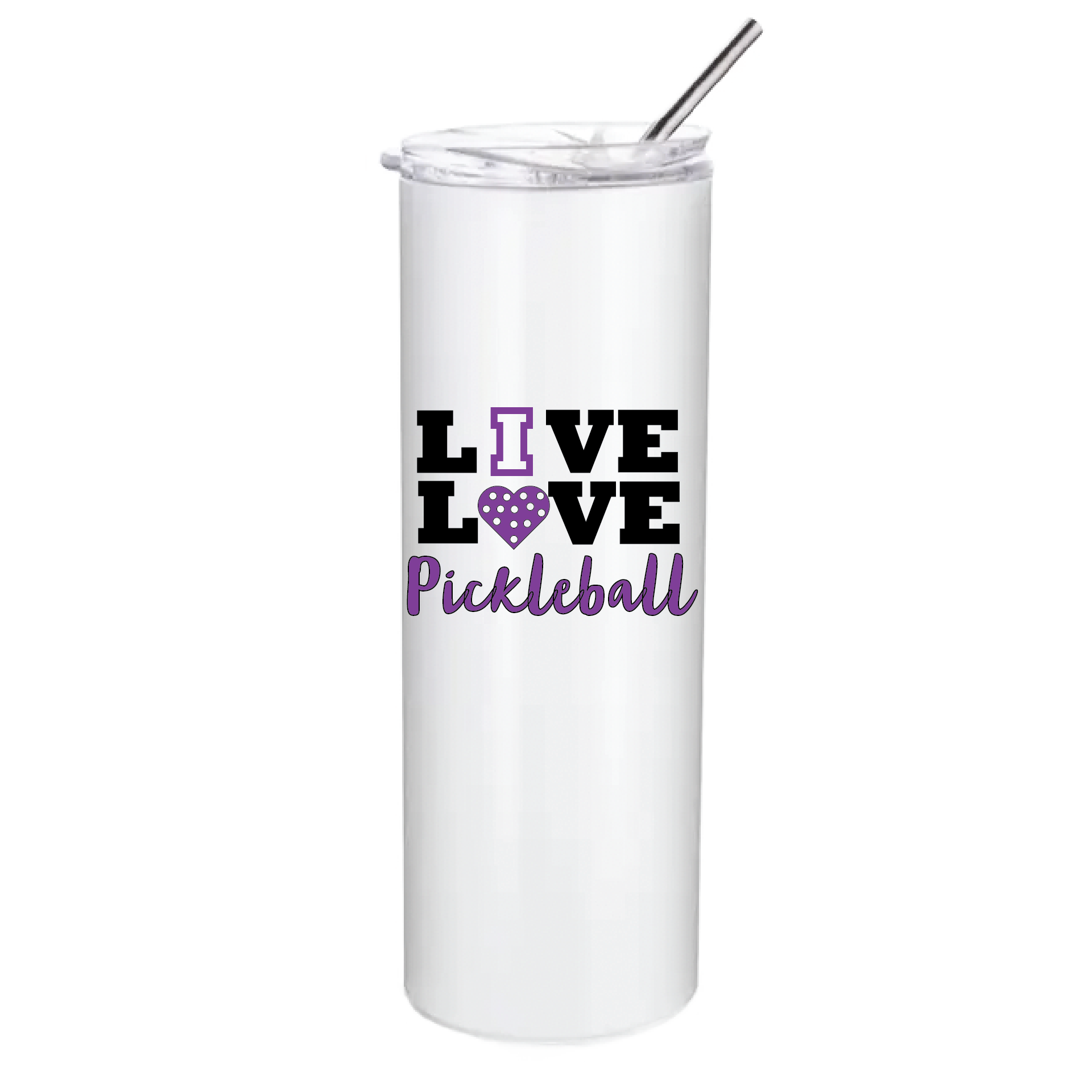 Pickleball Design: Live Love Pickleball  These stainless steel Tumblers help keep your drink cold for 24 hours while you are out on the court playing!! Also can help keep warm drinks warm for 8 hours. No BPA and a sweat-free coating. These are also PP food grade drink containers. Comes with a splash proof lid with a seal ring which makes it beautiful and durable. One-piece molding makes it crack free for long time durability.