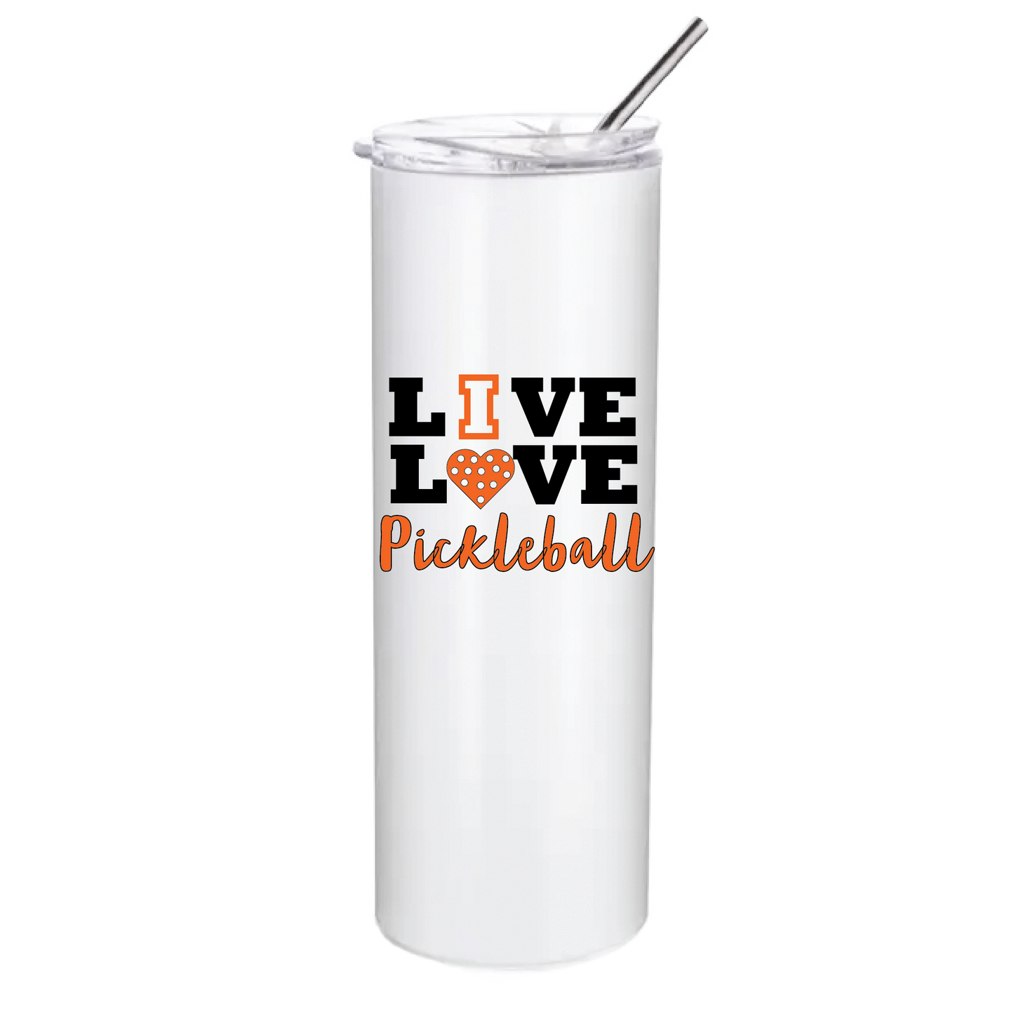 Pickleball Design: Live Love Pickleball  These stainless steel Tumblers help keep your drink cold for 24 hours while you are out on the court playing!! Also can help keep warm drinks warm for 8 hours. No BPA and a sweat-free coating. These are also PP food grade drink containers. Comes with a splash proof lid with a seal ring which makes it beautiful and durable. One-piece molding makes it crack free for long time durability.