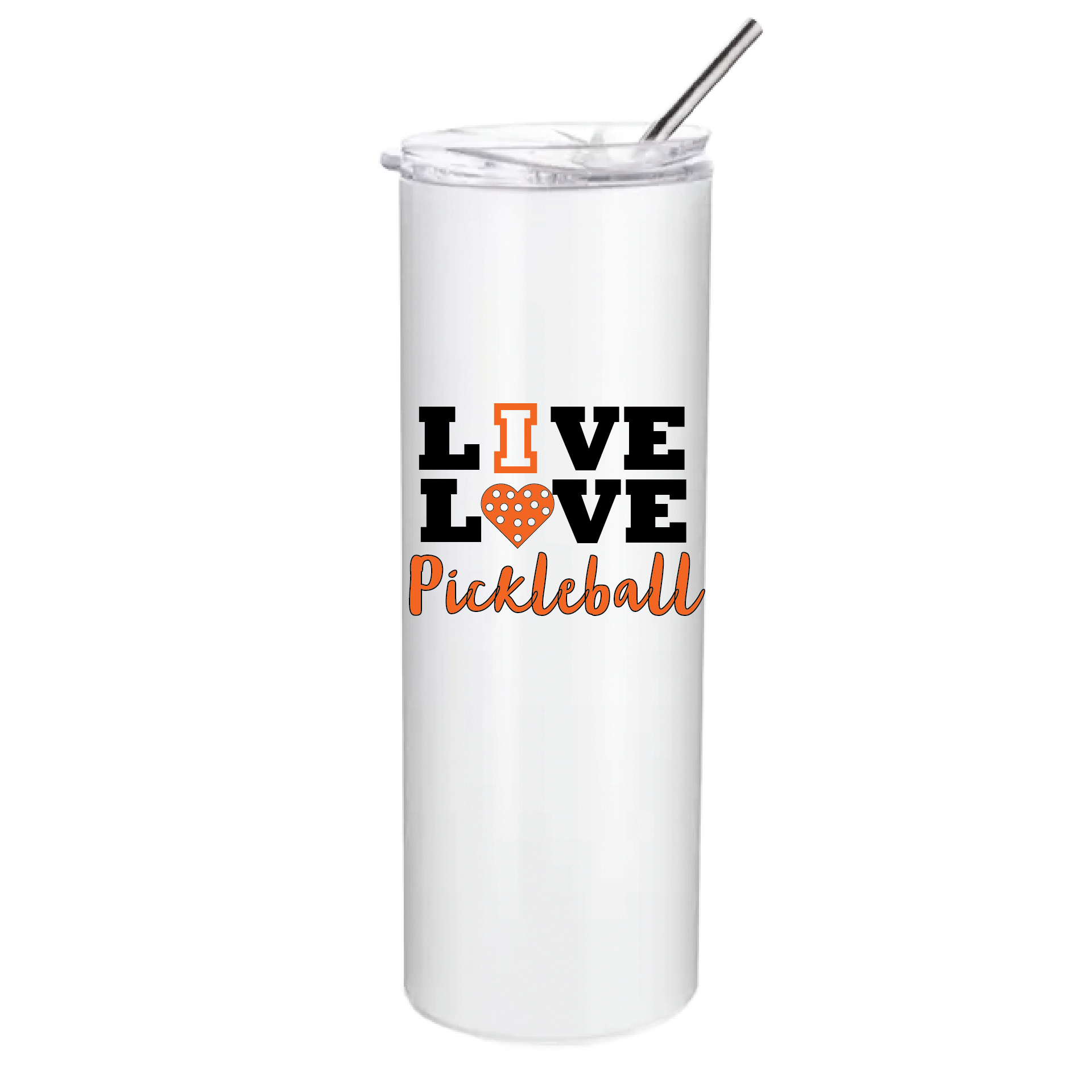 Pickleball Design: Live Love Pickleball  These stainless steel Tumblers help keep your drink cold for 24 hours while you are out on the court playing!! Also can help keep warm drinks warm for 8 hours. No BPA and a sweat-free coating. These are also PP food grade drink containers. Comes with a splash proof lid with a seal ring which makes it beautiful and durable. One-piece molding makes it crack free for long time durability.