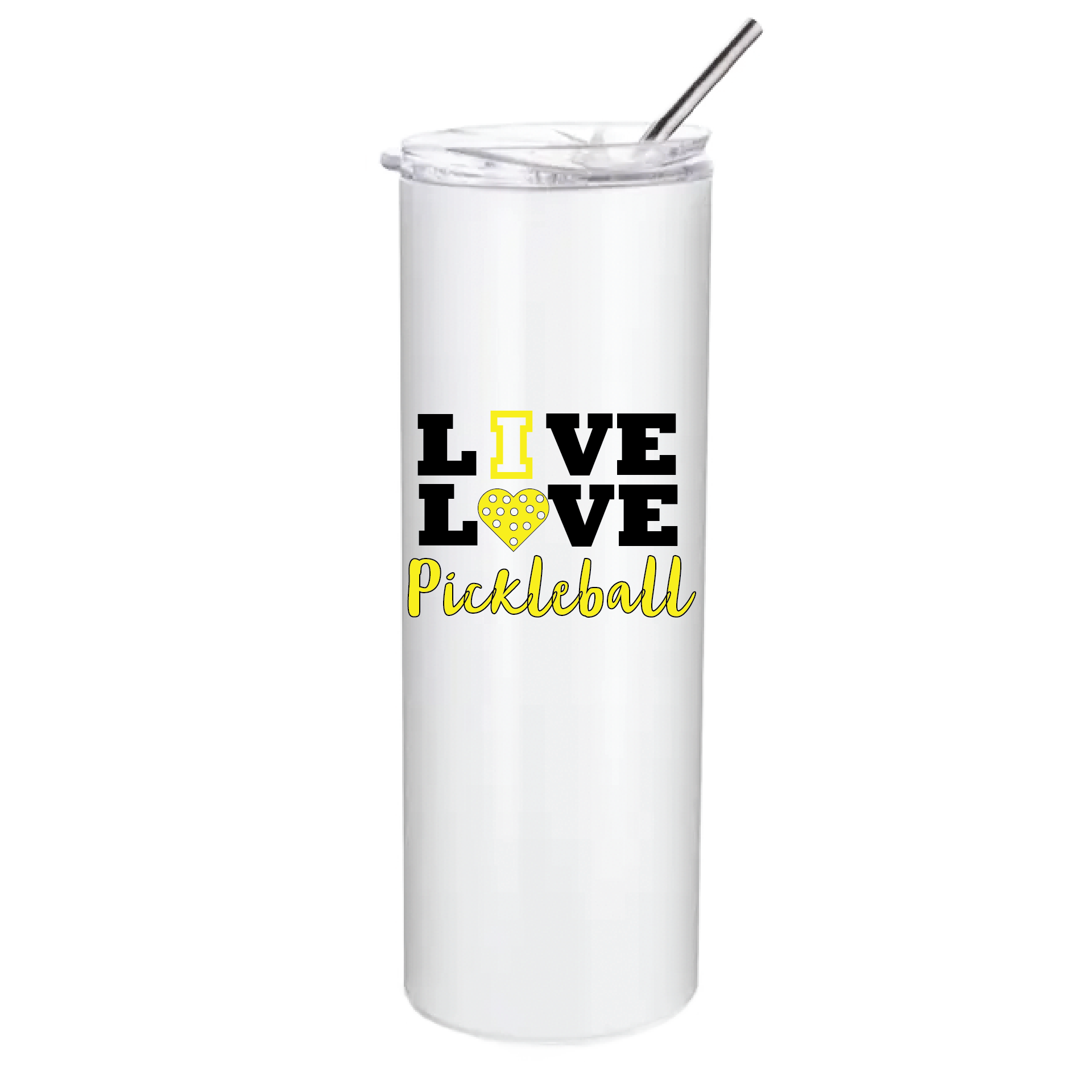 Pickleball Design: Live Love Pickleball  These stainless steel Tumblers help keep your drink cold for 24 hours while you are out on the court playing!! Also can help keep warm drinks warm for 8 hours. No BPA and a sweat-free coating. These are also PP food grade drink containers. Comes with a splash proof lid with a seal ring which makes it beautiful and durable. One-piece molding makes it crack free for long time durability.