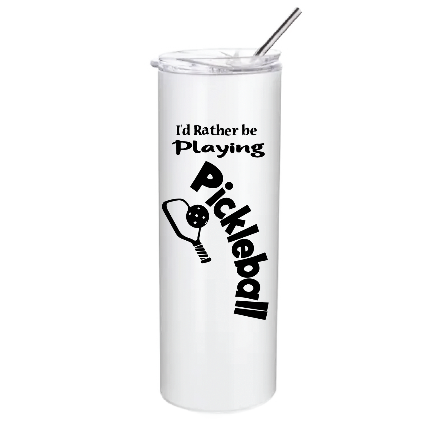 Pickleball Tumbler Design: I'd Rather Be Playing Pickleball  These stainless steel Tumblers help keep your drink cold for 24 hours while you are out on the court playing!! Also can help keep warm drinks warm for 8 hours. No BPA and a sweat-free coating. These are also PP food grade drink containers. Comes with a splash proof lid with a seal ring which makes it beautiful and durable. One-piece molding makes it crack free for long time durability.