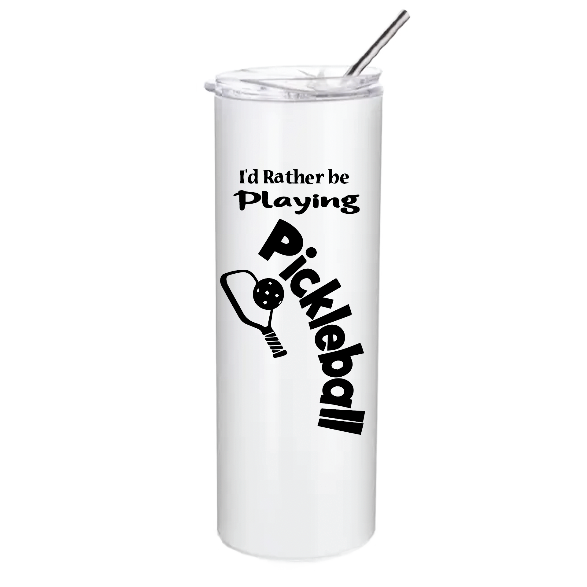 Pickleball Tumbler Design: I'd Rather Be Playing Pickleball  These stainless steel Tumblers help keep your drink cold for 24 hours while you are out on the court playing!! Also can help keep warm drinks warm for 8 hours. No BPA and a sweat-free coating. These are also PP food grade drink containers. Comes with a splash proof lid with a seal ring which makes it beautiful and durable. One-piece molding makes it crack free for long time durability.