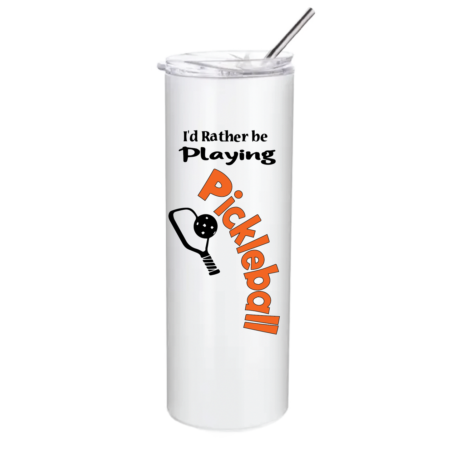 Pickleball Tumbler Design: I'd Rather Be Playing Pickleball  These stainless steel Tumblers help keep your drink cold for 24 hours while you are out on the court playing!! Also can help keep warm drinks warm for 8 hours. No BPA and a sweat-free coating. These are also PP food grade drink containers. Comes with a splash proof lid with a seal ring which makes it beautiful and durable. One-piece molding makes it crack free for long time durability.