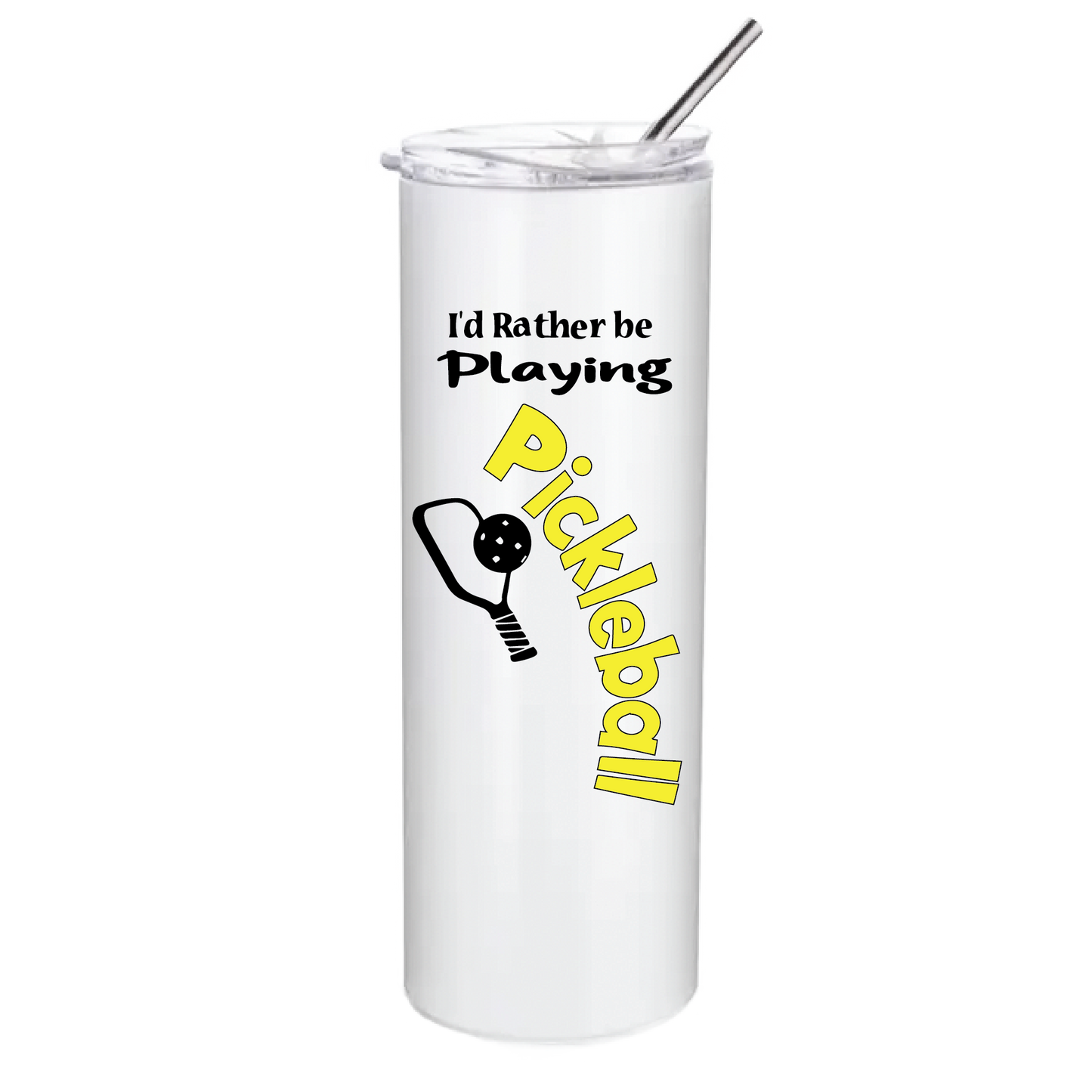Pickleball Tumbler Design: I'd Rather Be Playing Pickleball  These stainless steel Tumblers help keep your drink cold for 24 hours while you are out on the court playing!! Also can help keep warm drinks warm for 8 hours. No BPA and a sweat-free coating. These are also PP food grade drink containers. Comes with a splash proof lid with a seal ring which makes it beautiful and durable. One-piece molding makes it crack free for long time durability.