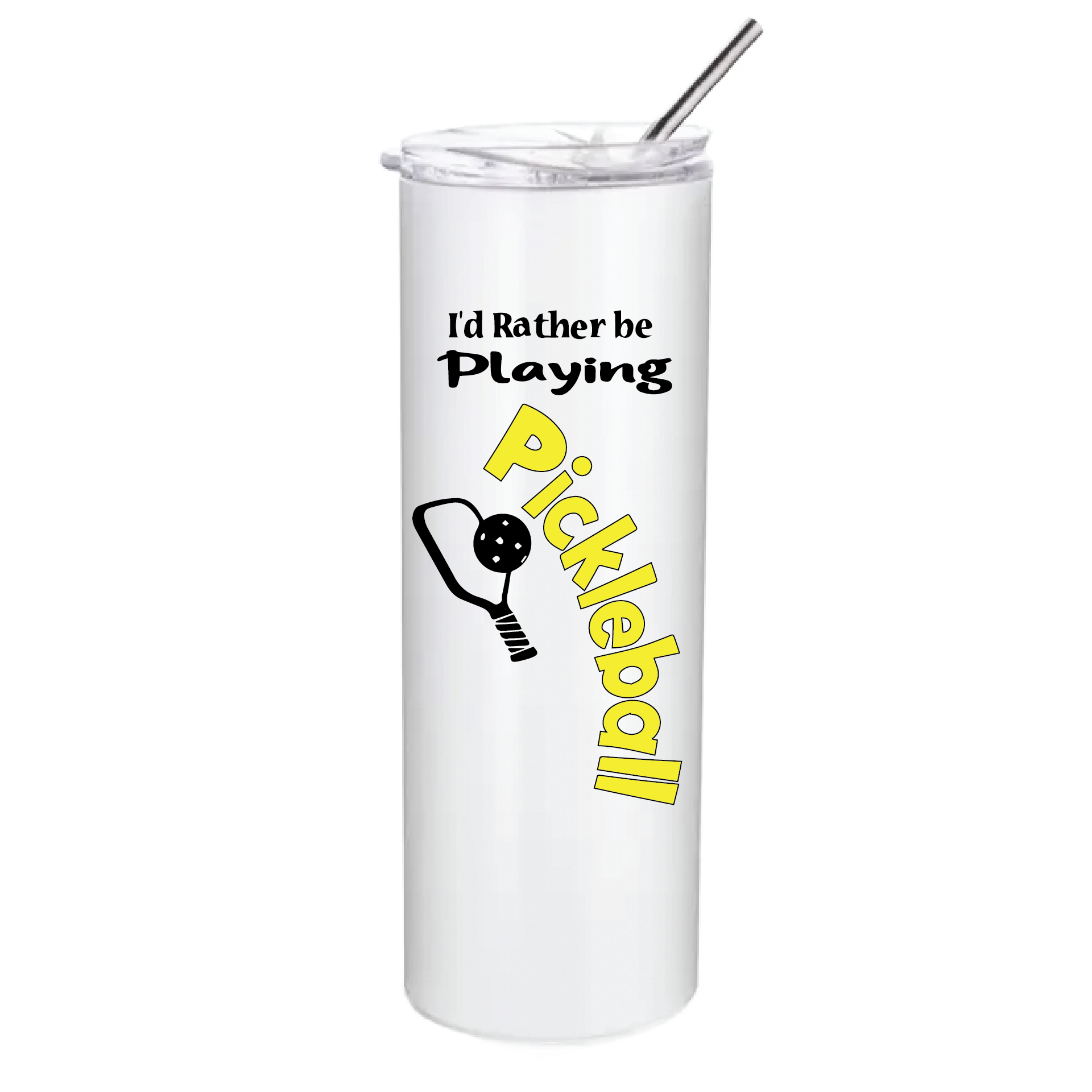 Pickleball Tumbler Design: I'd Rather Be Playing Pickleball  These stainless steel Tumblers help keep your drink cold for 24 hours while you are out on the court playing!! Also can help keep warm drinks warm for 8 hours. No BPA and a sweat-free coating. These are also PP food grade drink containers. Comes with a splash proof lid with a seal ring which makes it beautiful and durable. One-piece molding makes it crack free for long time durability.