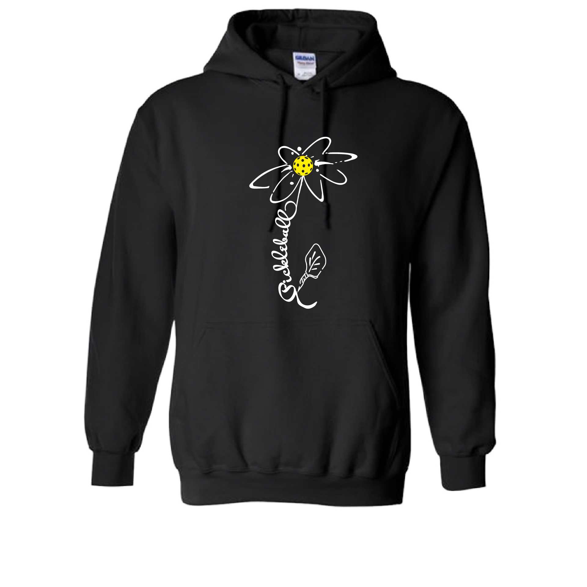 Pickleball Design: Pickleball Flower  Unisex Hooded Sweatshirt: Moisture-wicking, double-lined hood, front pouch pocket.  This unisex hooded sweatshirt is ultra comfortable and soft. Stay warm on the Pickleball courts while being that hit with this one of kind design.