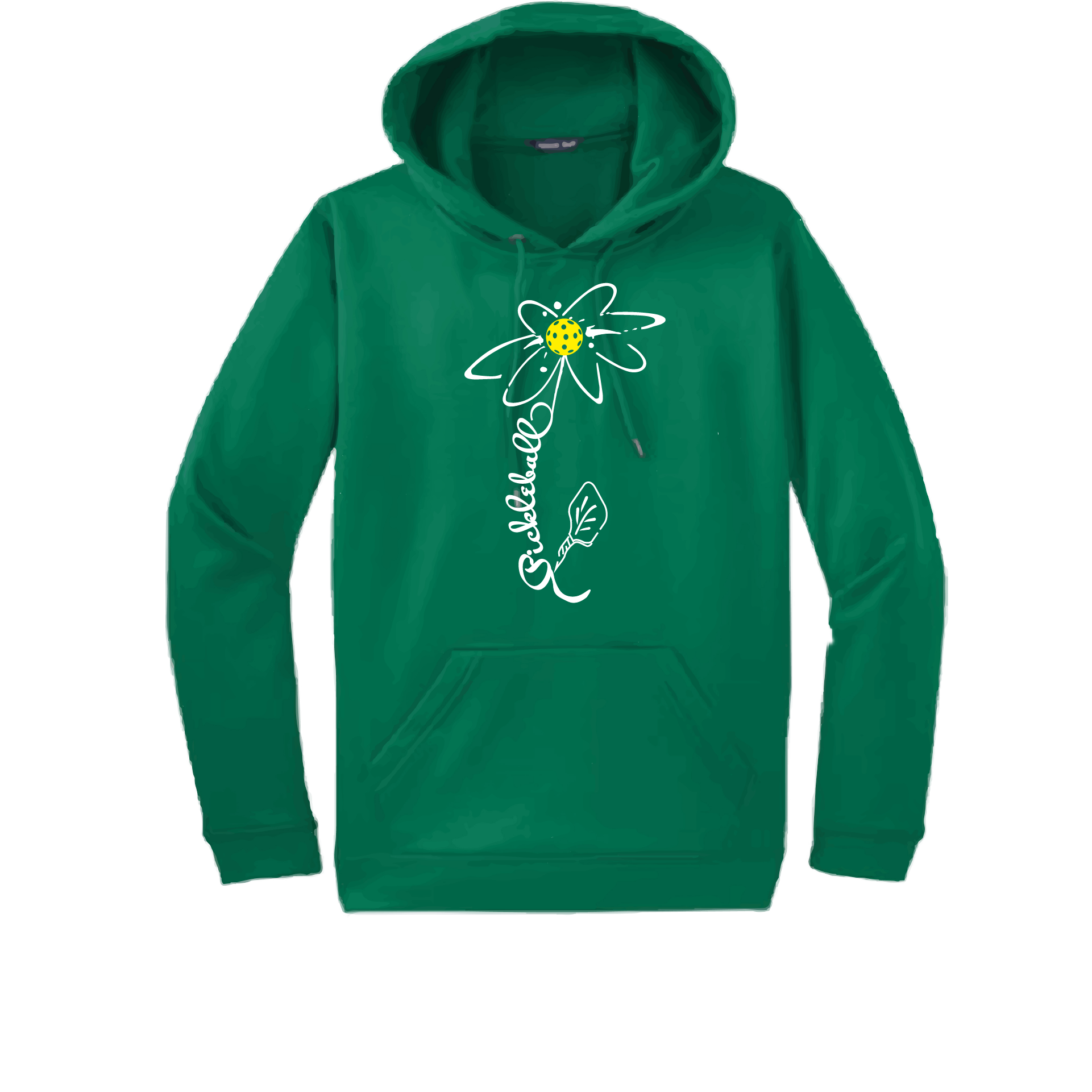 Pickleball Design: Pickleball Flower  Unisex Hooded Sweatshirt: Moisture-wicking, double-lined hood, front pouch pocket.  This unisex hooded sweatshirt is ultra comfortable and soft. Stay warm on the Pickleball courts while being that hit with this one of kind design.