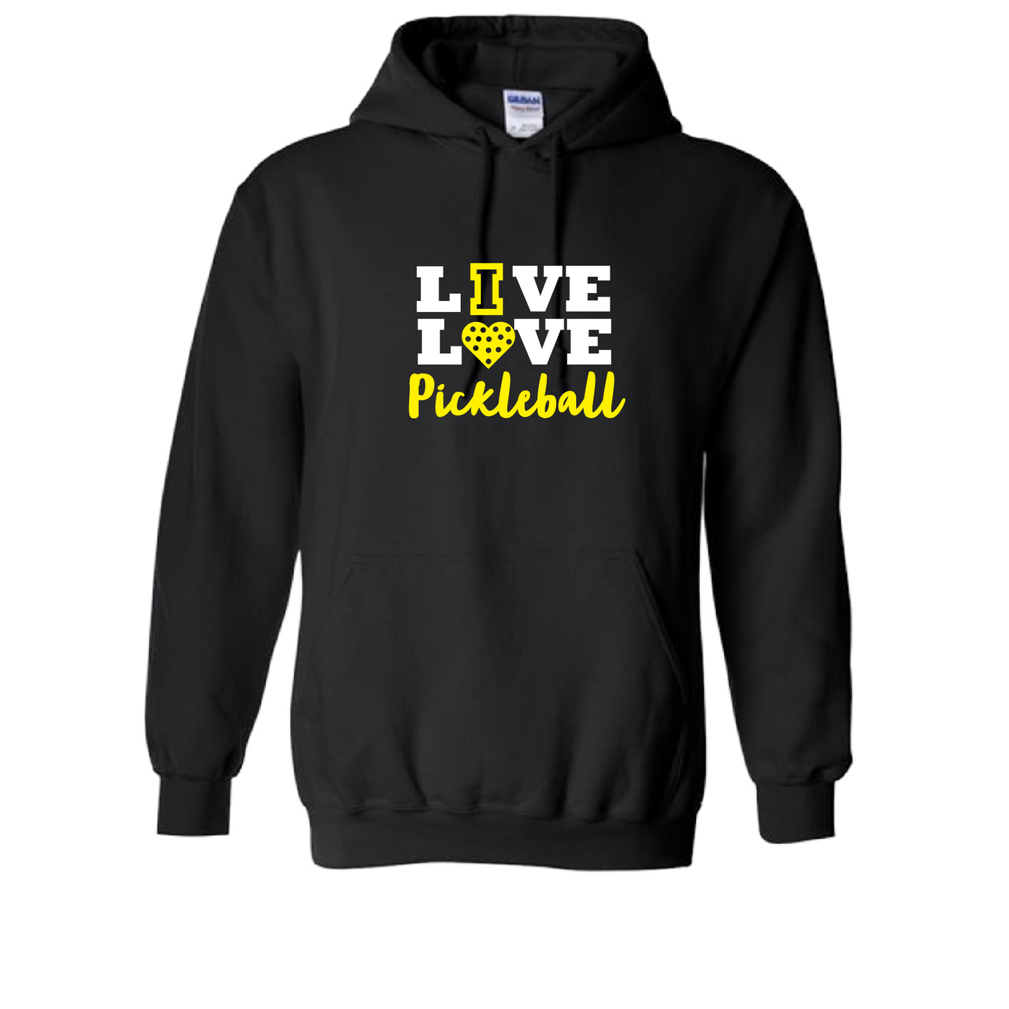 Pickleball Design: Live Love Pickleball  Unisex Hooded Sweatshirt: Moisture-wicking, double-lined hood, front pouch pocket.  This unisex hooded sweatshirt is ultra comfortable and soft. Stay warm on the Pickleball courts while being that hit with this one of kind design.