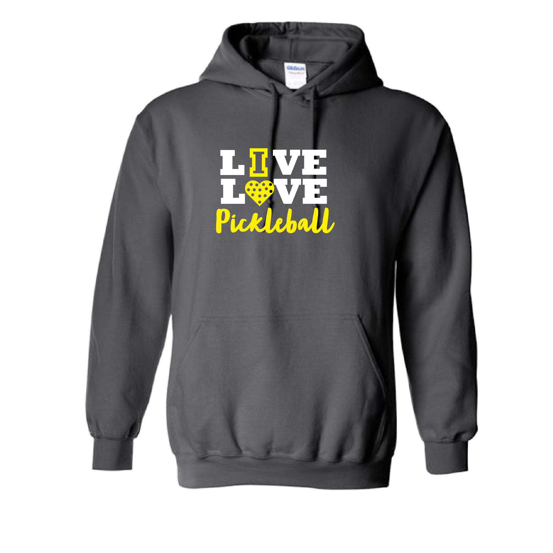 Pickleball Design: Live Love Pickleball  Unisex Hooded Sweatshirt: Moisture-wicking, double-lined hood, front pouch pocket.  This unisex hooded sweatshirt is ultra comfortable and soft. Stay warm on the Pickleball courts while being that hit with this one of kind design.