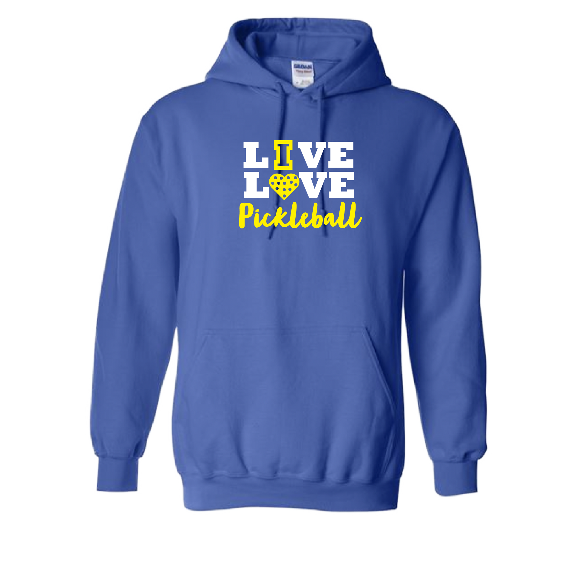 Pickleball Design: Live Love Pickleball  Unisex Hooded Sweatshirt: Moisture-wicking, double-lined hood, front pouch pocket.  This unisex hooded sweatshirt is ultra comfortable and soft. Stay warm on the Pickleball courts while being that hit with this one of kind design.