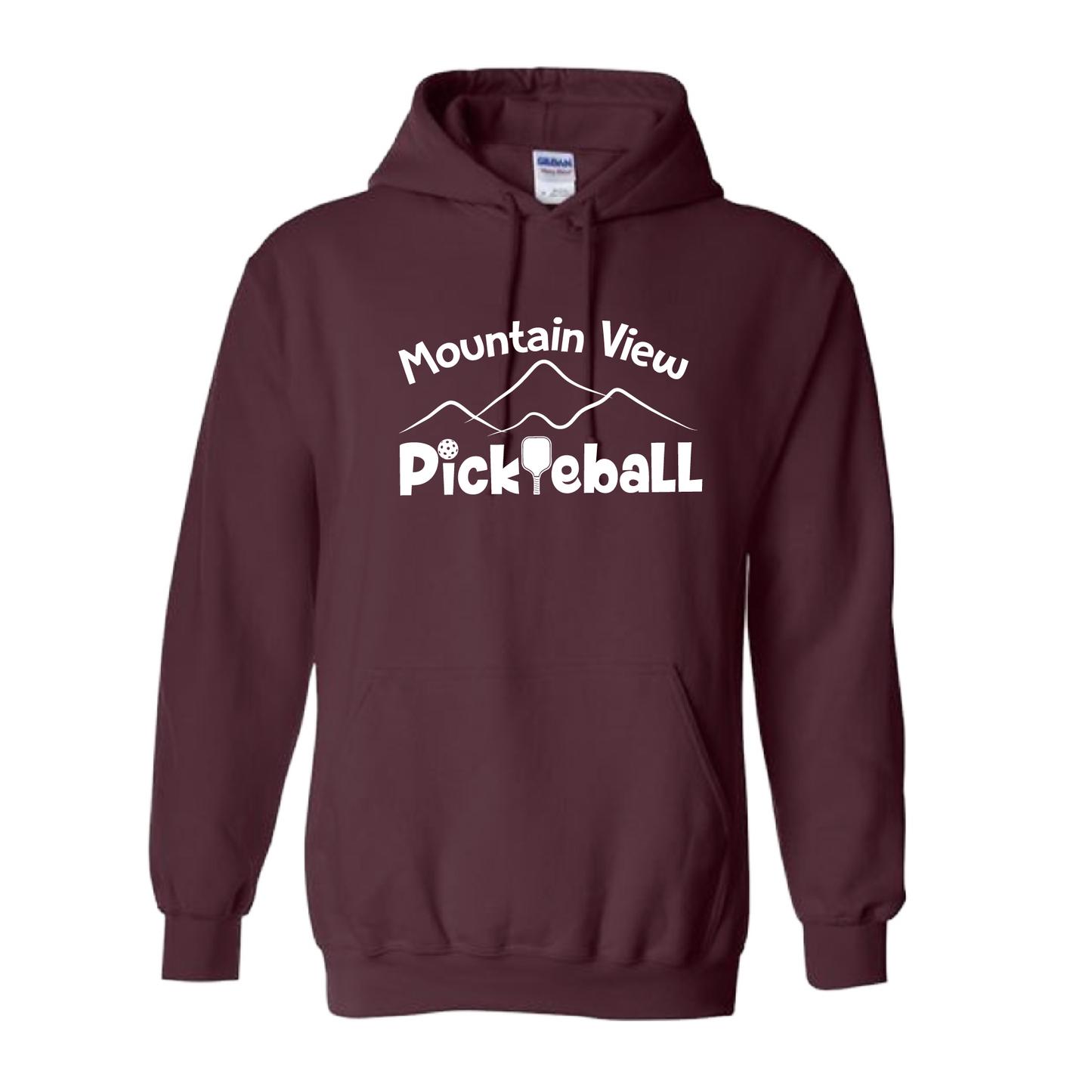 Pickleball Design: Mountain View Pickleball  Unisex Hooded Sweatshirt: 50/50 Cotton/Polyester, Moisture-wicking, double-lined hood, front pouch pocket.  This unisex hooded sweatshirt is ultra comfortable and soft. Stay warm on the Pickleball courts while being that hit with this one of kind design.