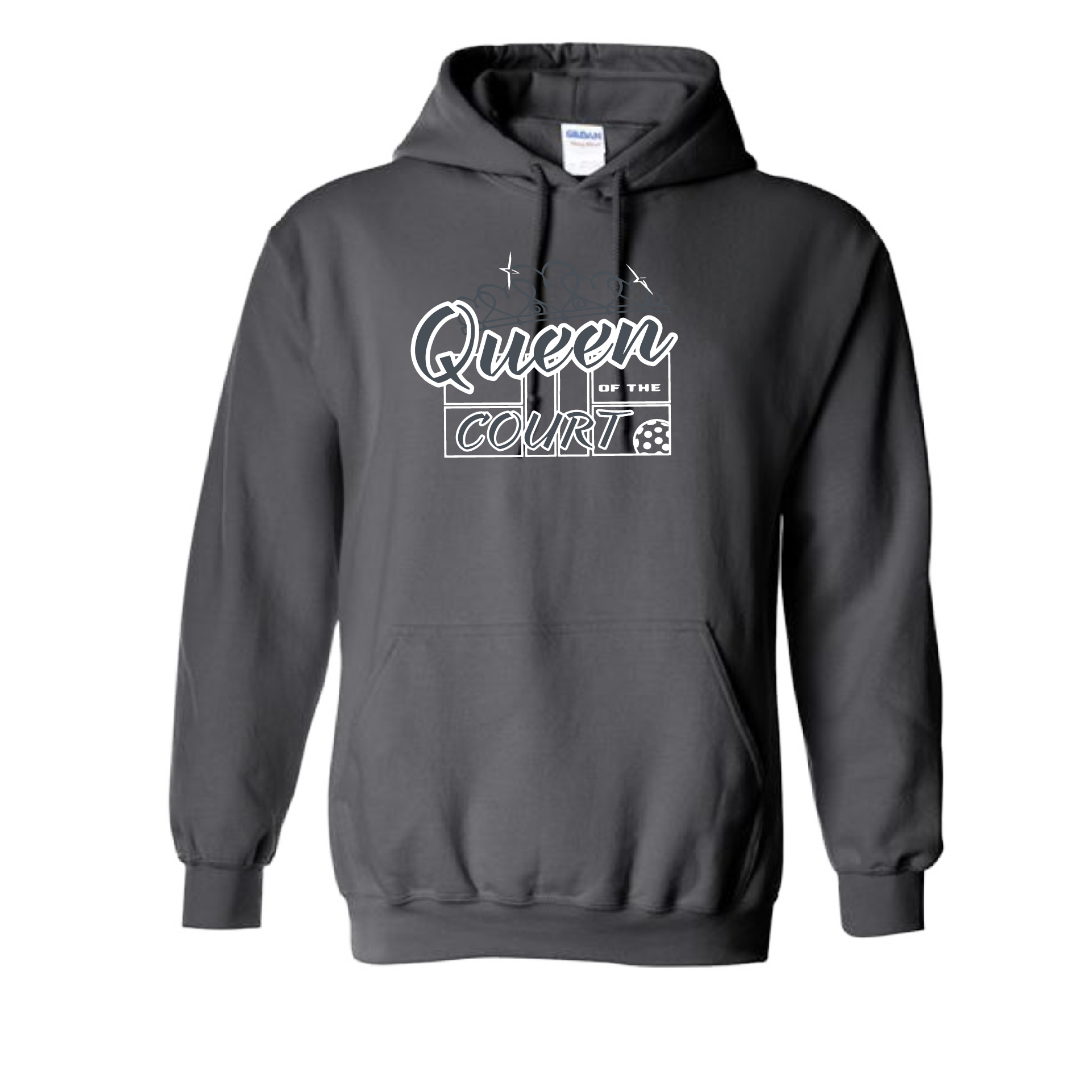 Pickleball Design: Queen of the Court  Unisex Hooded Sweatshirt:  Moisture-wicking, double-lined hood, front pouch pocket.  This unisex hooded sweatshirt is ultra comfortable and soft. Stay warm on the Pickleball courts while being that hit with this one of kind design.