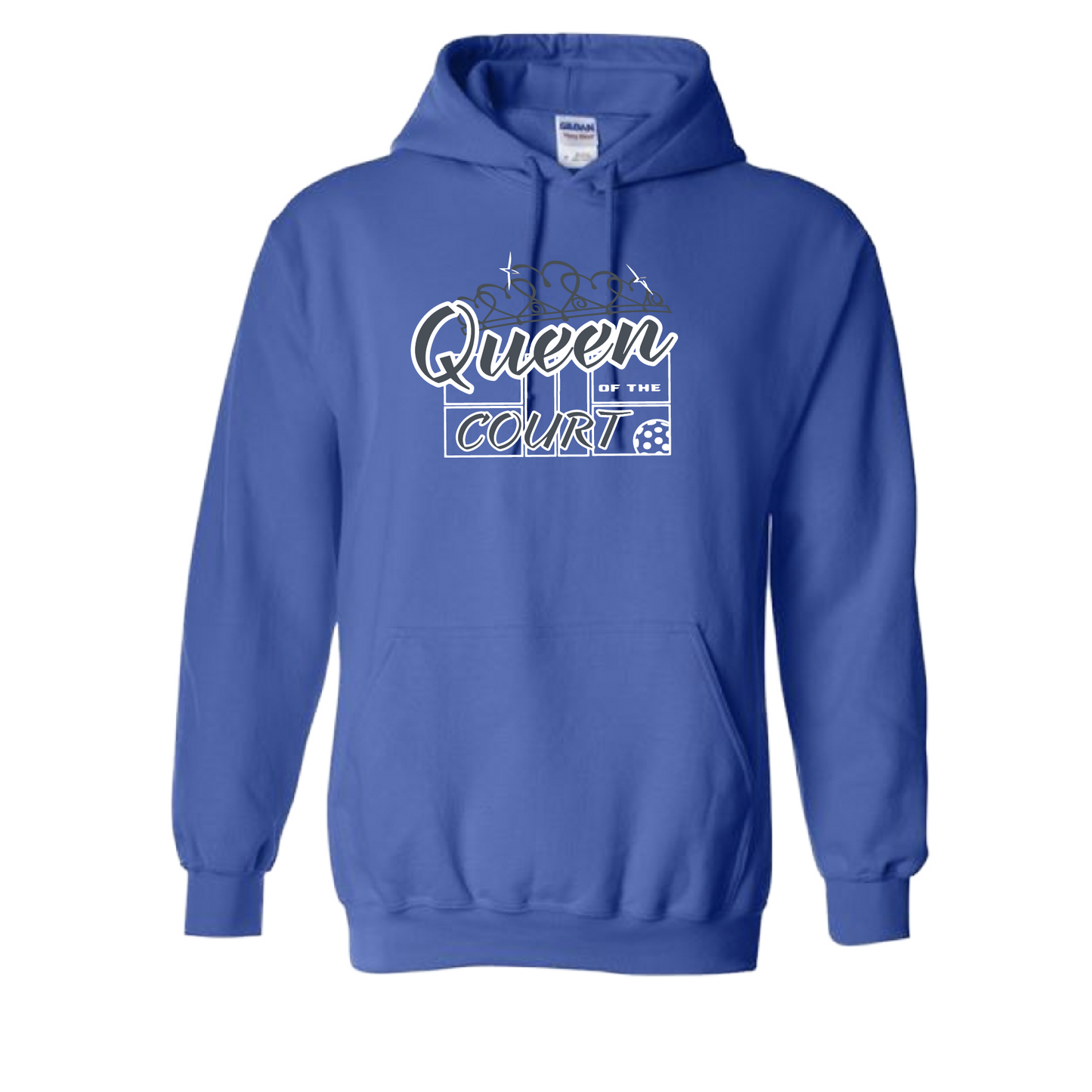 Pickleball Design: Queen of the Court  Unisex Hooded Sweatshirt:  Moisture-wicking, double-lined hood, front pouch pocket.  This unisex hooded sweatshirt is ultra comfortable and soft. Stay warm on the Pickleball courts while being that hit with this one of kind design.