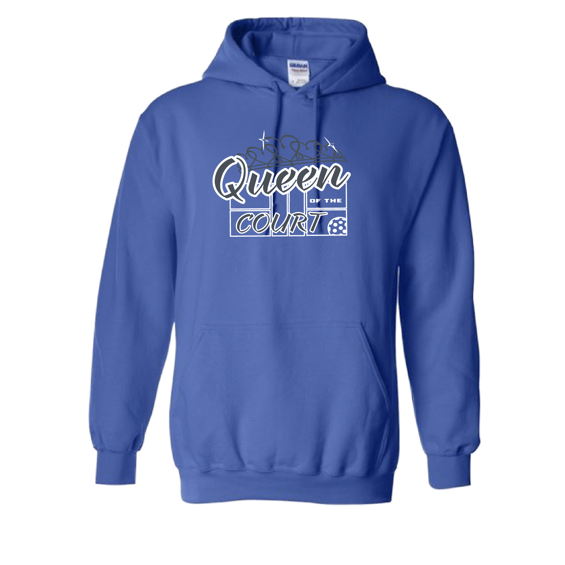 Pickleball Design: Queen of the Court  Unisex Hooded Sweatshirt:  Moisture-wicking, double-lined hood, front pouch pocket.  This unisex hooded sweatshirt is ultra comfortable and soft. Stay warm on the Pickleball courts while being that hit with this one of kind design.