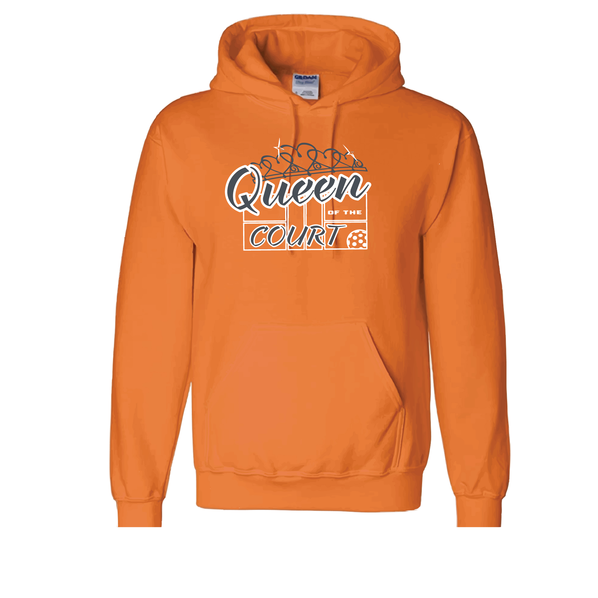 Pickleball Design: Queen of the Court  Unisex Hooded Sweatshirt:  Moisture-wicking, double-lined hood, front pouch pocket.  This unisex hooded sweatshirt is ultra comfortable and soft. Stay warm on the Pickleball courts while being that hit with this one of kind design.