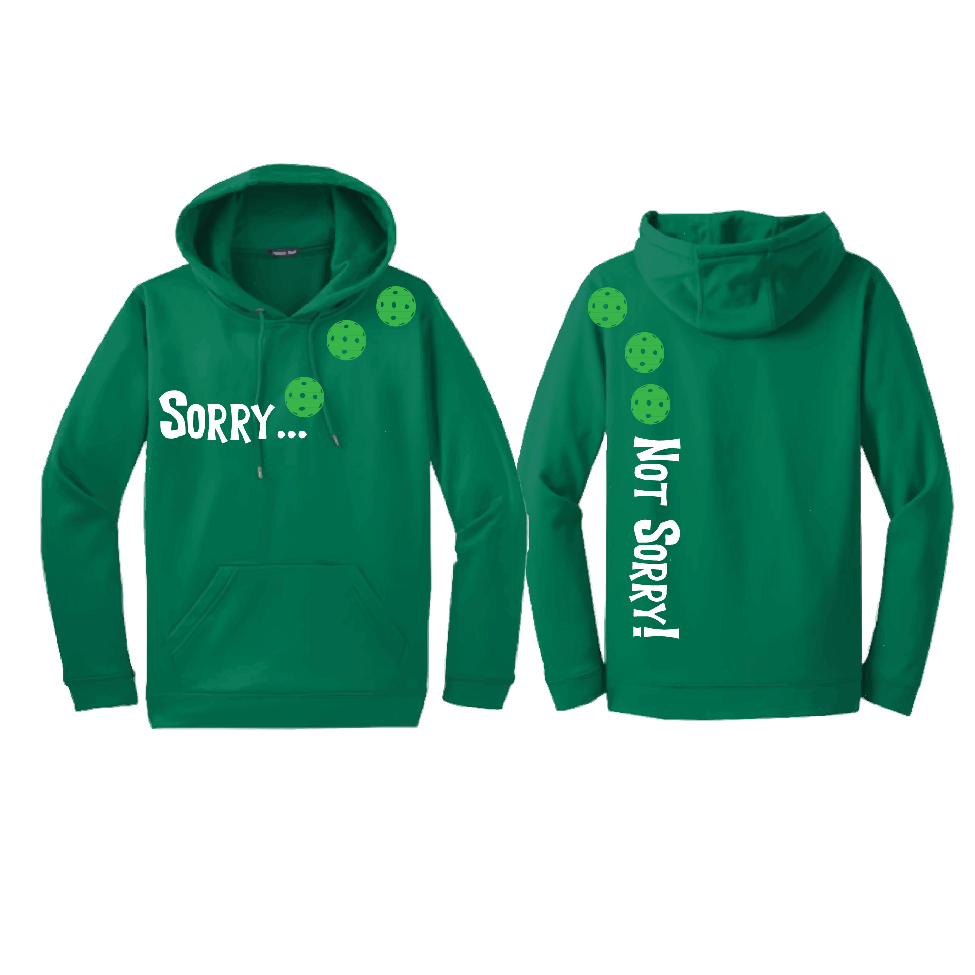 Pickleball Design: Sorry...Not Sorry!!! with Customizable Ball Color – White, Green, Yellow or Pink Balls. Unisex Hooded Sweatshirt: Moisture-wicking, double-lined hood, front pouch pocket. This unisex hooded sweatshirt is comfortable and soft. Stay warm on the Pickleball courts while being that hit with this one of kind design.