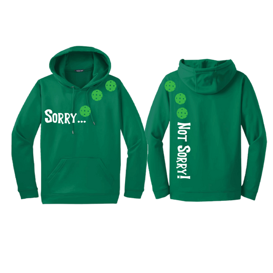Pickleball Design: Sorry...Not Sorry!!! with Customizable Ball Color – White, Green, Yellow or Pink Balls. Unisex Hooded Sweatshirt: Moisture-wicking, double-lined hood, front pouch pocket. This unisex hooded sweatshirt is comfortable and soft. Stay warm on the Pickleball courts while being that hit with this one of kind design.