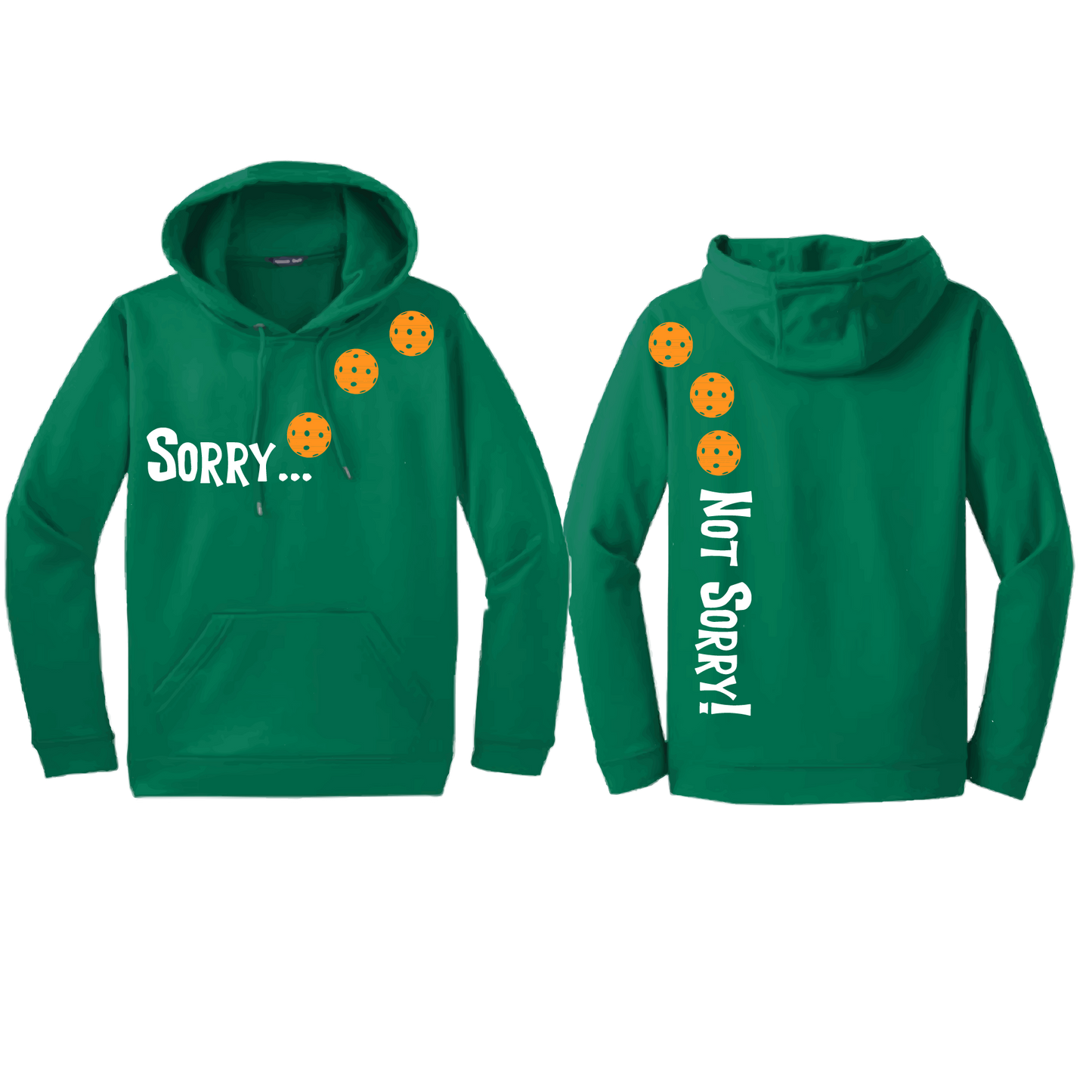 Design: Sorry...Not Sorry!!! with Customizable Ball Color: Choose: Cyan, Orange, Purple or Rainbow Unisex Hooded Sweatshirt: Moisture-wicking, double-lined hood, front pouch pocket. This unisex hooded sweatshirt is comfortable and soft. Stay warm on the Pickleball courts while being that hit with this one of kind design.
