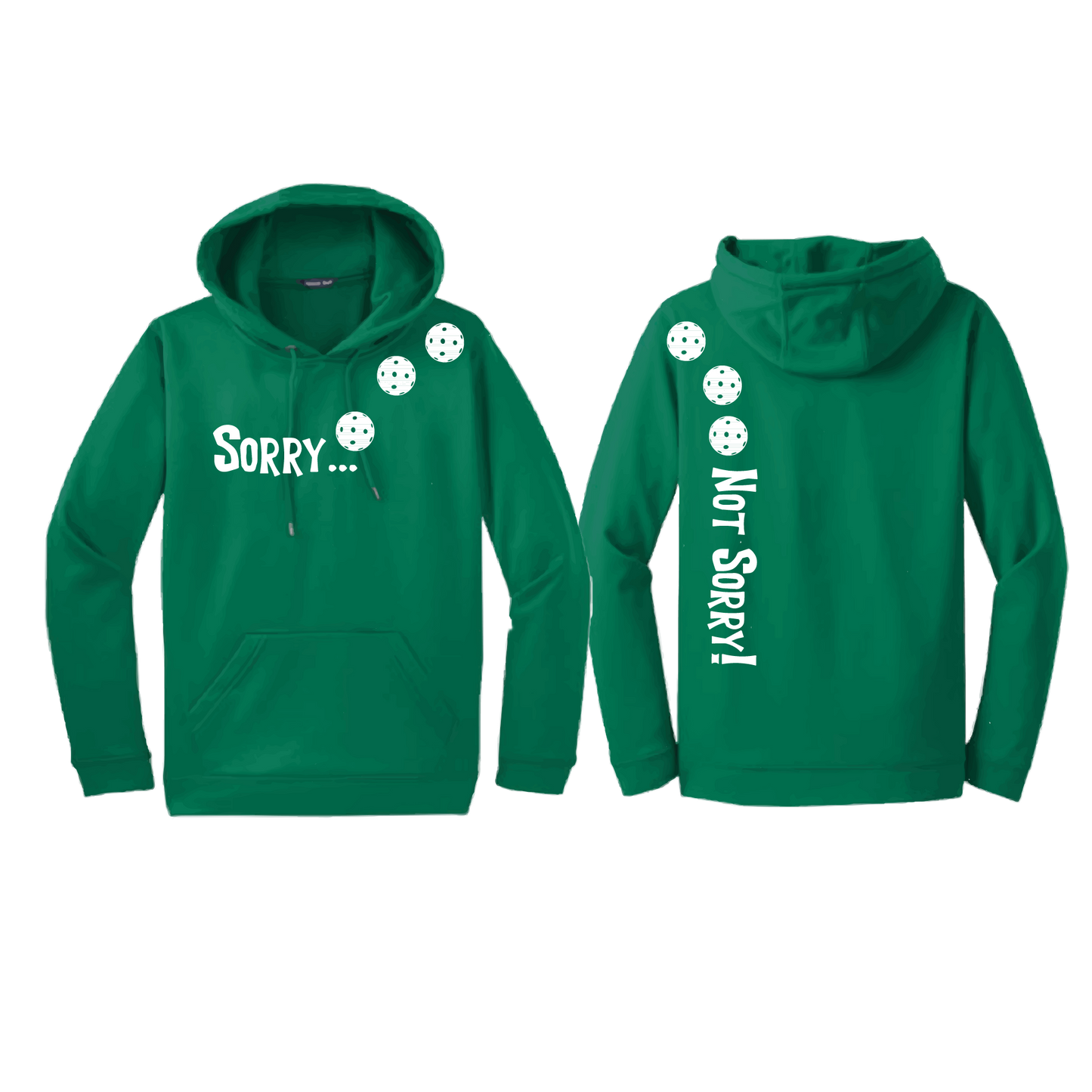 Pickleball Design: Sorry...Not Sorry!!! with Customizable Ball Color – White, Green, Yellow or Pink Balls. Unisex Hooded Sweatshirt: Moisture-wicking, double-lined hood, front pouch pocket. This unisex hooded sweatshirt is comfortable and soft. Stay warm on the Pickleball courts while being that hit with this one of kind design.