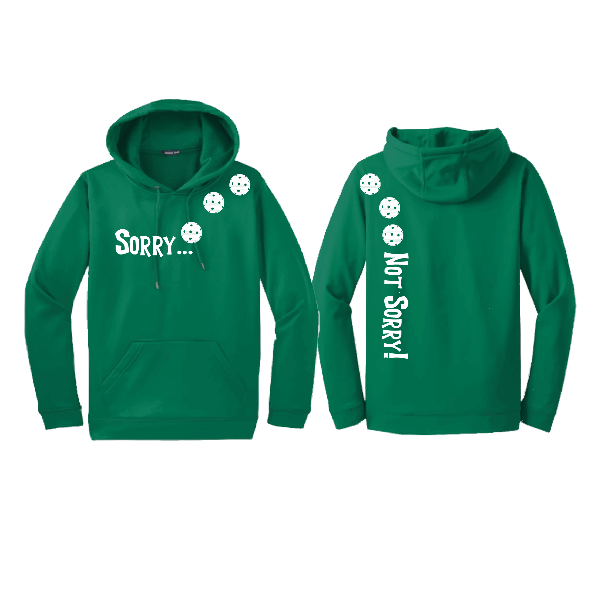 Pickleball Design: Sorry...Not Sorry!!! with Customizable Ball Color – White, Green, Yellow or Pink Balls. Unisex Hooded Sweatshirt: Moisture-wicking, double-lined hood, front pouch pocket. This unisex hooded sweatshirt is comfortable and soft. Stay warm on the Pickleball courts while being that hit with this one of kind design.