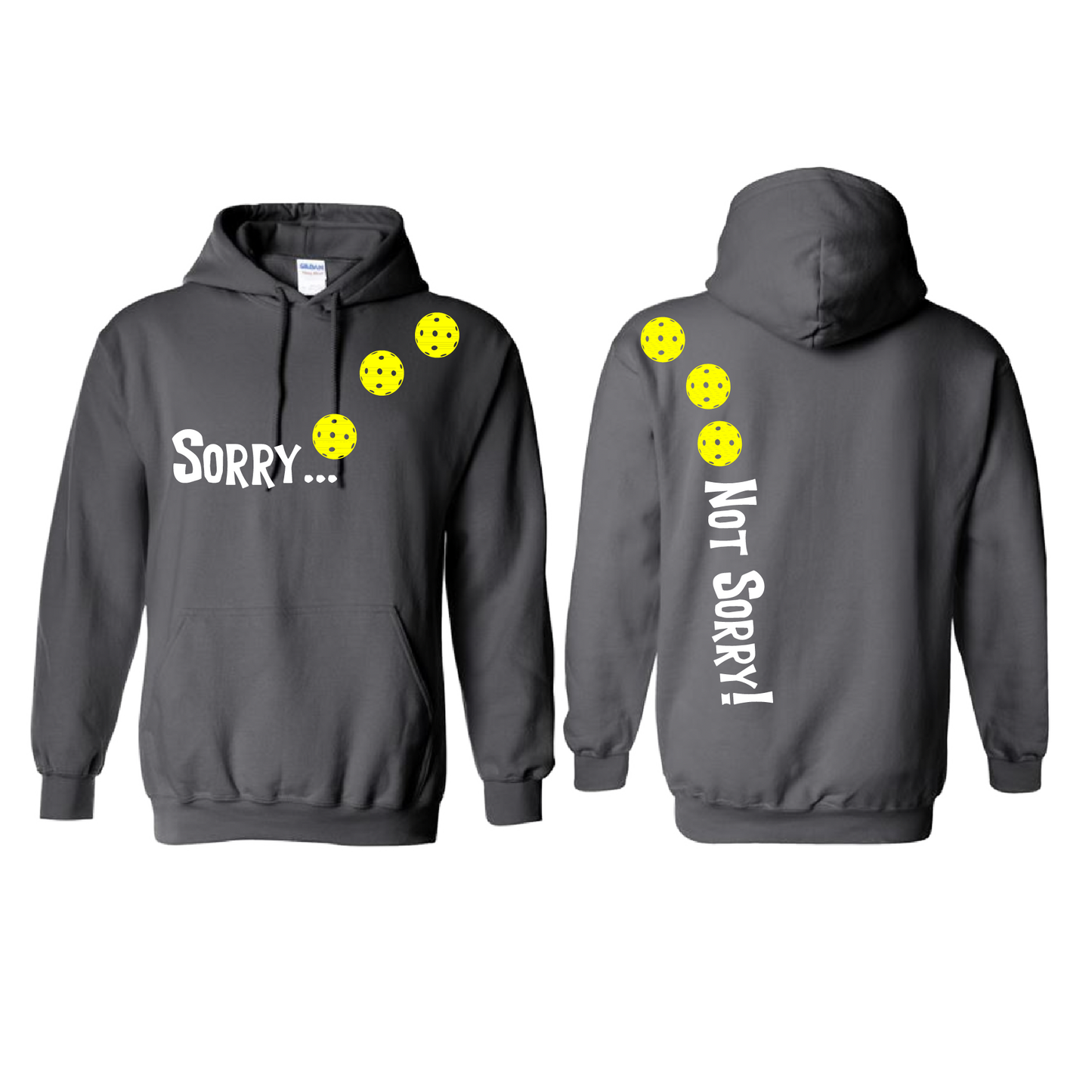 Pickleball Design: Sorry...Not Sorry!!! with Customizable Ball Color – White, Green, Yellow or Pink Balls. Unisex Hooded Sweatshirt: Moisture-wicking, double-lined hood, front pouch pocket. This unisex hooded sweatshirt is comfortable and soft. Stay warm on the Pickleball courts while being that hit with this one of kind design.