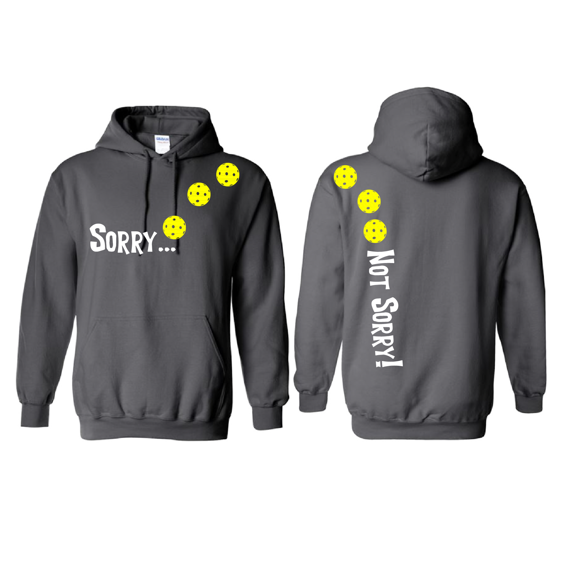 Pickleball Design: Sorry...Not Sorry!!! with Customizable Ball Color – White, Green, Yellow or Pink Balls. Unisex Hooded Sweatshirt: Moisture-wicking, double-lined hood, front pouch pocket. This unisex hooded sweatshirt is comfortable and soft. Stay warm on the Pickleball courts while being that hit with this one of kind design.