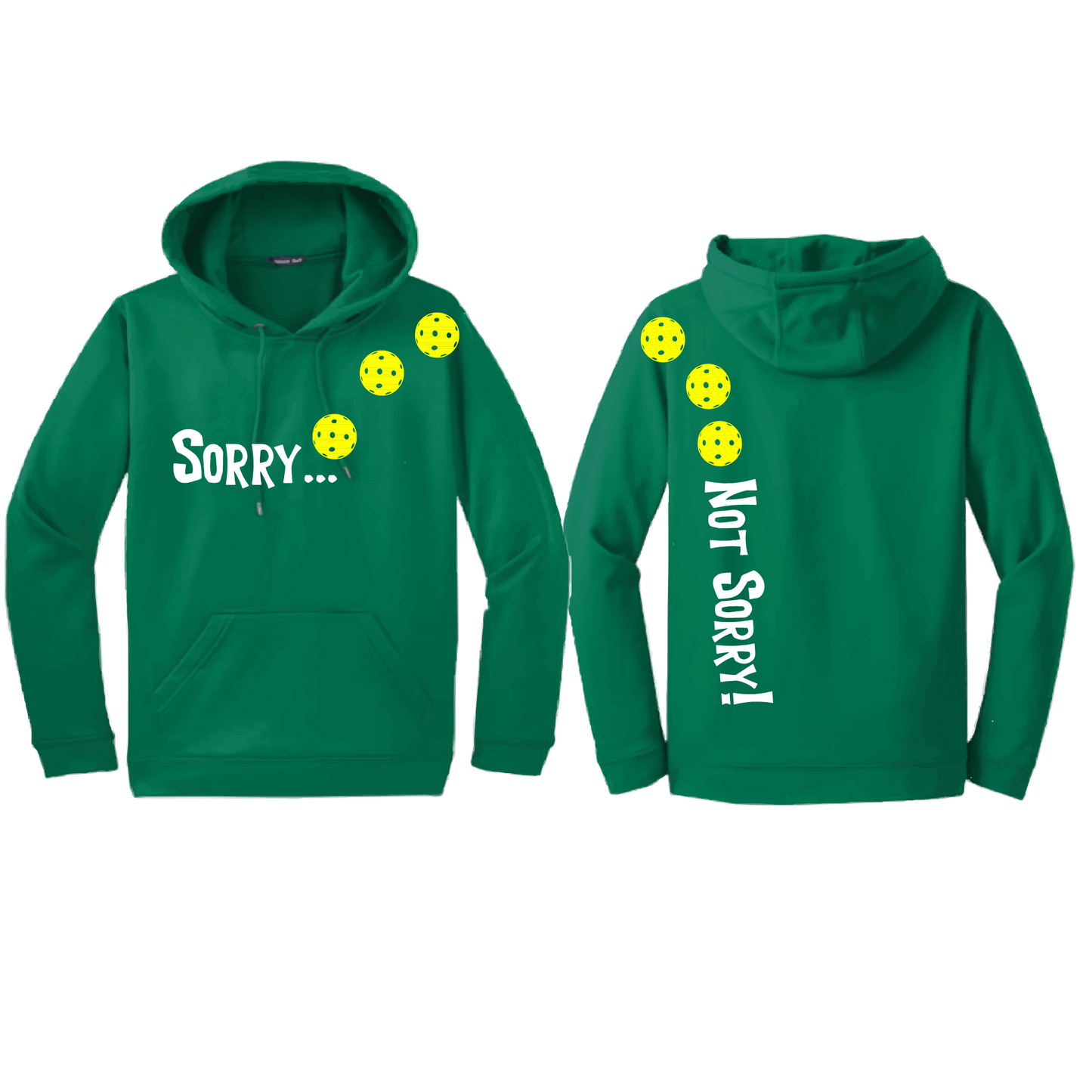 Pickleball Design: Sorry...Not Sorry!!! with Customizable Ball Color – White, Green, Yellow or Pink Balls. Unisex Hooded Sweatshirt: Moisture-wicking, double-lined hood, front pouch pocket. This unisex hooded sweatshirt is comfortable and soft. Stay warm on the Pickleball courts while being that hit with this one of kind design.