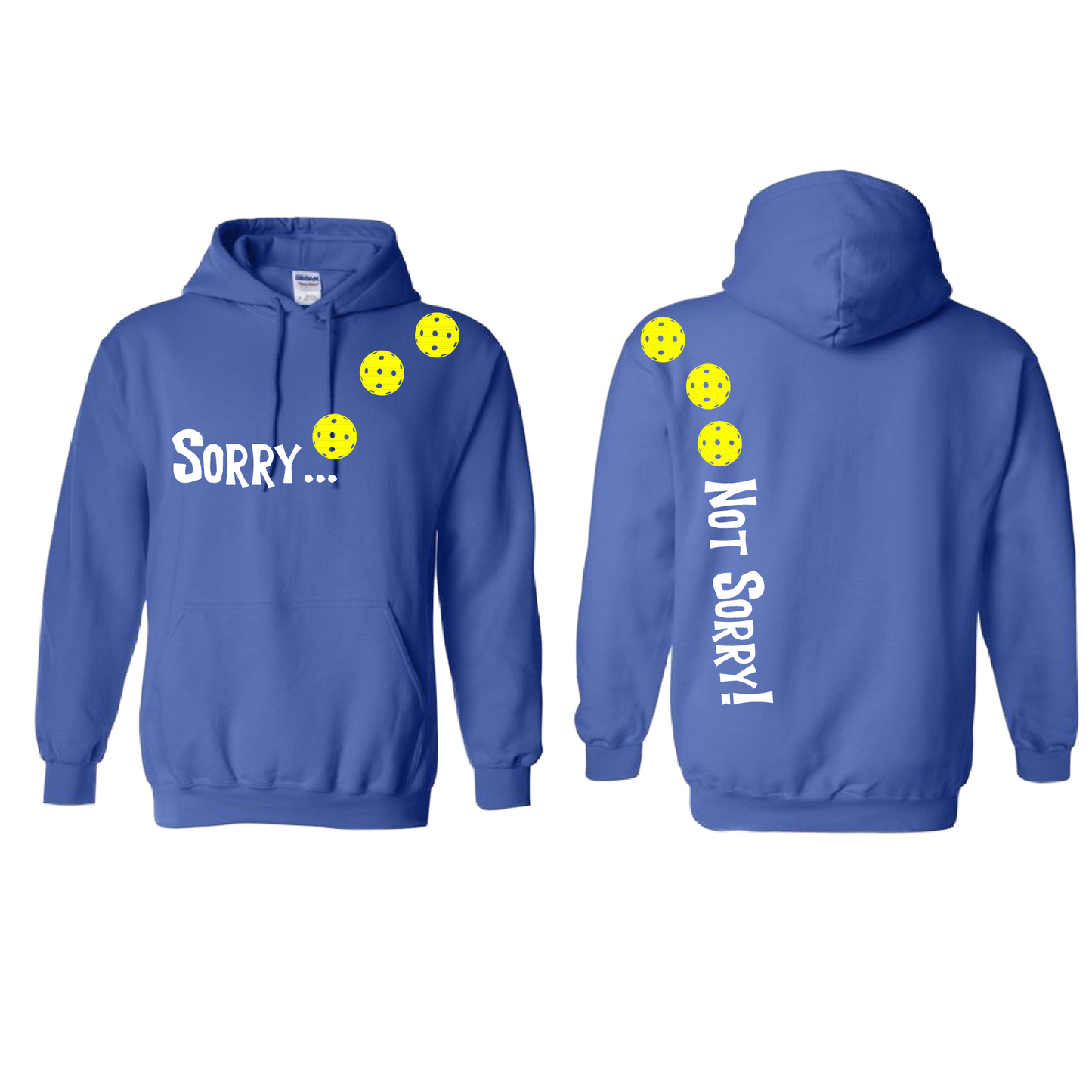 Pickleball Design: Sorry...Not Sorry!!! with Customizable Ball Color – White, Green, Yellow or Pink Balls. Unisex Hooded Sweatshirt: Moisture-wicking, double-lined hood, front pouch pocket. This unisex hooded sweatshirt is comfortable and soft. Stay warm on the Pickleball courts while being that hit with this one of kind design.