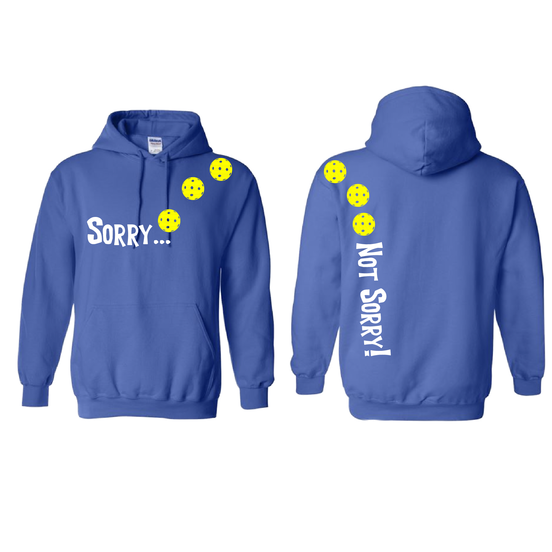 Pickleball Design: Sorry...Not Sorry!!! with Customizable Ball Color – White, Green, Yellow or Pink Balls. Unisex Hooded Sweatshirt: Moisture-wicking, double-lined hood, front pouch pocket. This unisex hooded sweatshirt is comfortable and soft. Stay warm on the Pickleball courts while being that hit with this one of kind design.