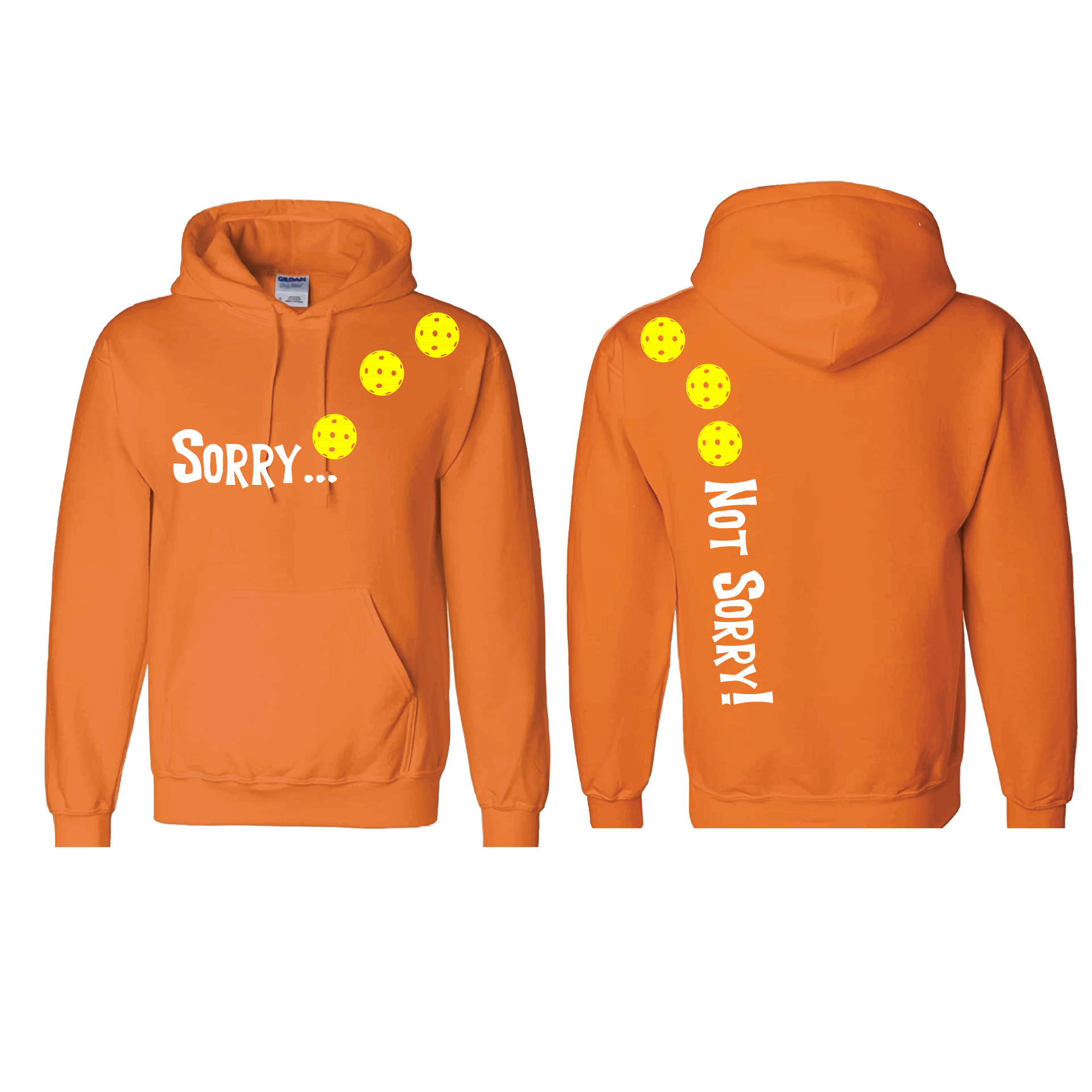 Pickleball Design: Sorry...Not Sorry!!! with Customizable Ball Color – White, Green, Yellow or Pink Balls. Unisex Hooded Sweatshirt: Moisture-wicking, double-lined hood, front pouch pocket. This unisex hooded sweatshirt is comfortable and soft. Stay warm on the Pickleball courts while being that hit with this one of kind design.