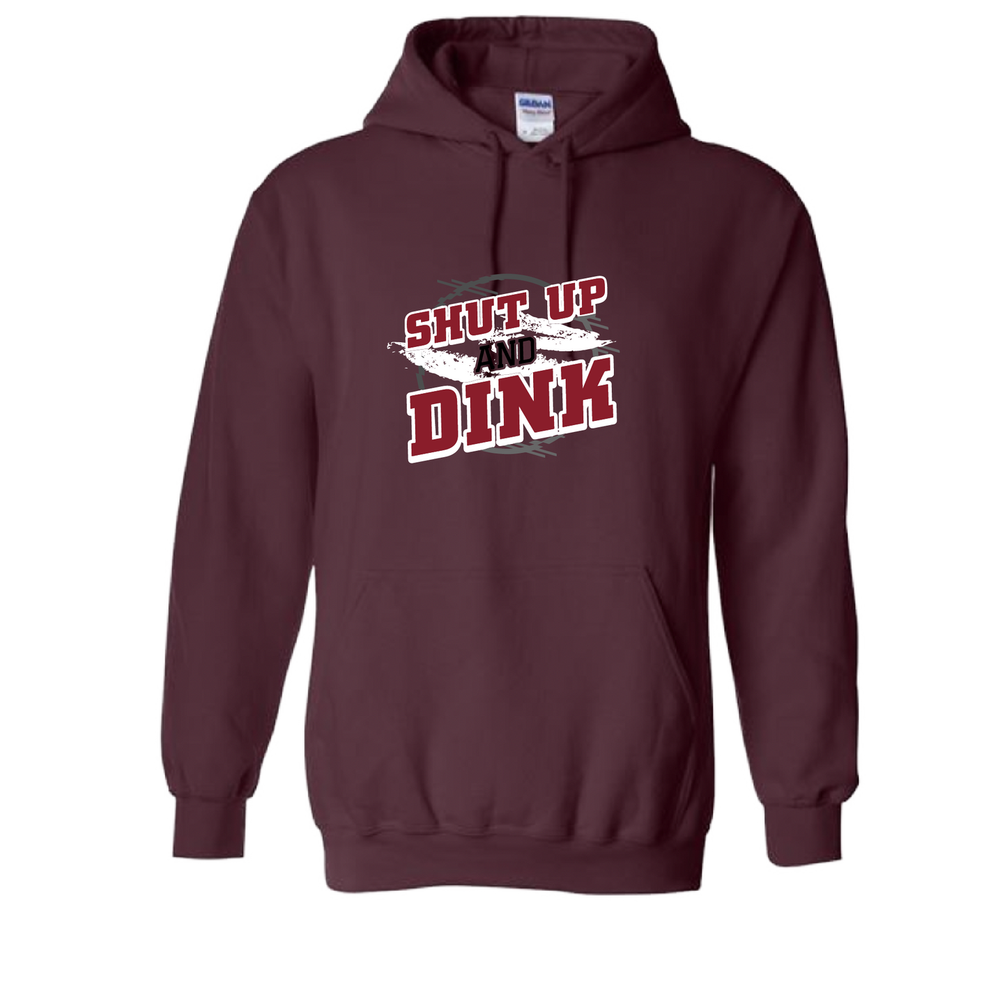 Pickleball Design: Shut Up and Dink  Unisex Hooded Sweatshirt: Moisture-wicking, double-lined hood, front pouch pocket.  This unisex hooded sweatshirt is ultra comfortable and soft. Stay warm on the Pickleball courts while being that hit with this one of kind design.