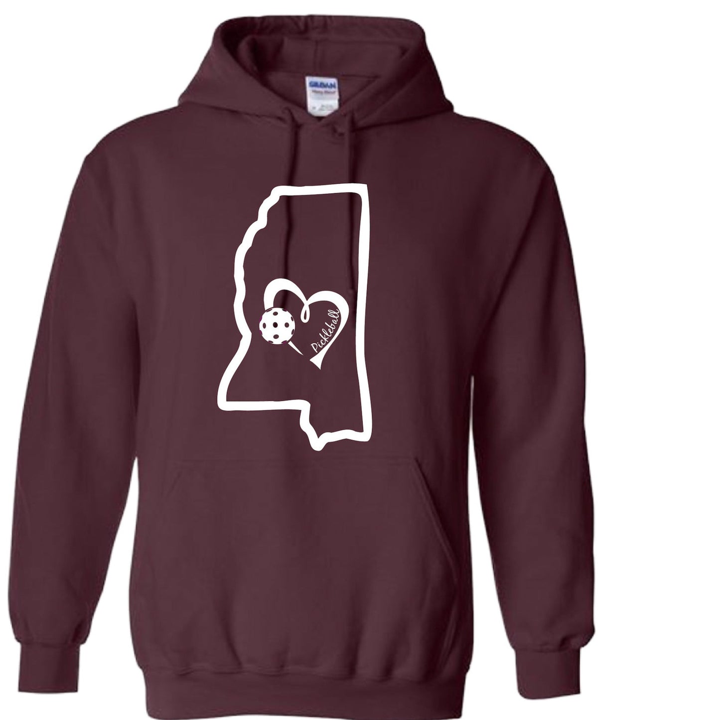 Pickleball Design: Mississippi State with Heart  Men's Styles: Unisex Hooded Sweatshirt  Shirts are lightweight, roomy and highly breathable. These moisture-wicking shirts are designed for athletic performance. They feature PosiCharge technology to lock in color and prevent logos from fading. Removable tag and set-in sleeves for comfort.