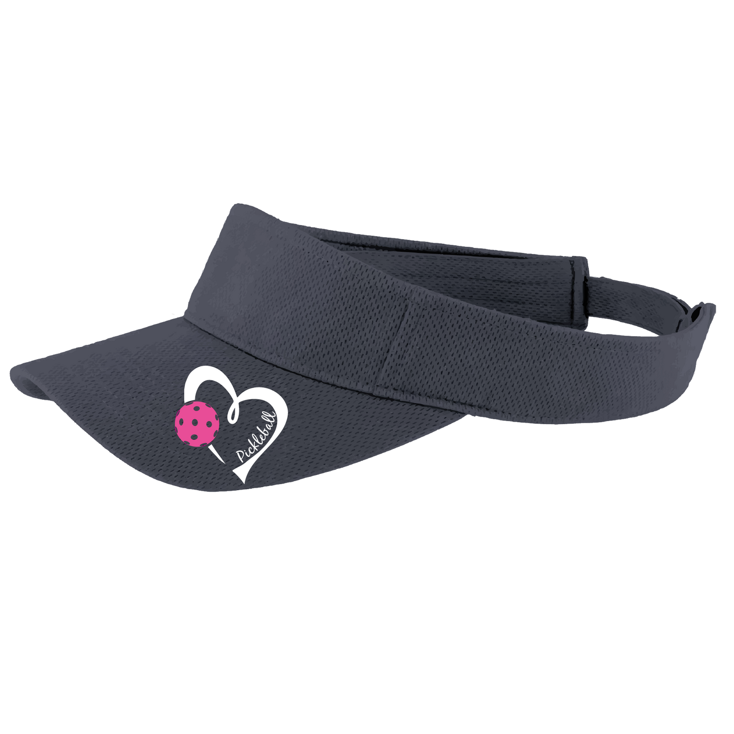 Pickleball Visor Design: Pickleball Love Heart and Ball - Design is White with Pink Ball  This fun pickleball visor is the perfect accessory for all pickleball players needing to keep their focus on the game and not the sun. The moisture-wicking material is made of 100% polyester with closed-hole flat back mesh and PosiCharge Technology. The back closure is a hook and loop style made to adjust to every adult.