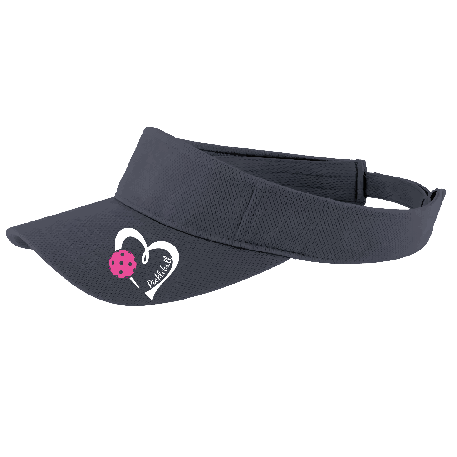 Pickleball Visor Design: Pickleball Love Heart and Ball - Design is White with Pink Ball  This fun pickleball visor is the perfect accessory for all pickleball players needing to keep their focus on the game and not the sun. The moisture-wicking material is made of 100% polyester with closed-hole flat back mesh and PosiCharge Technology. The back closure is a hook and loop style made to adjust to every adult.