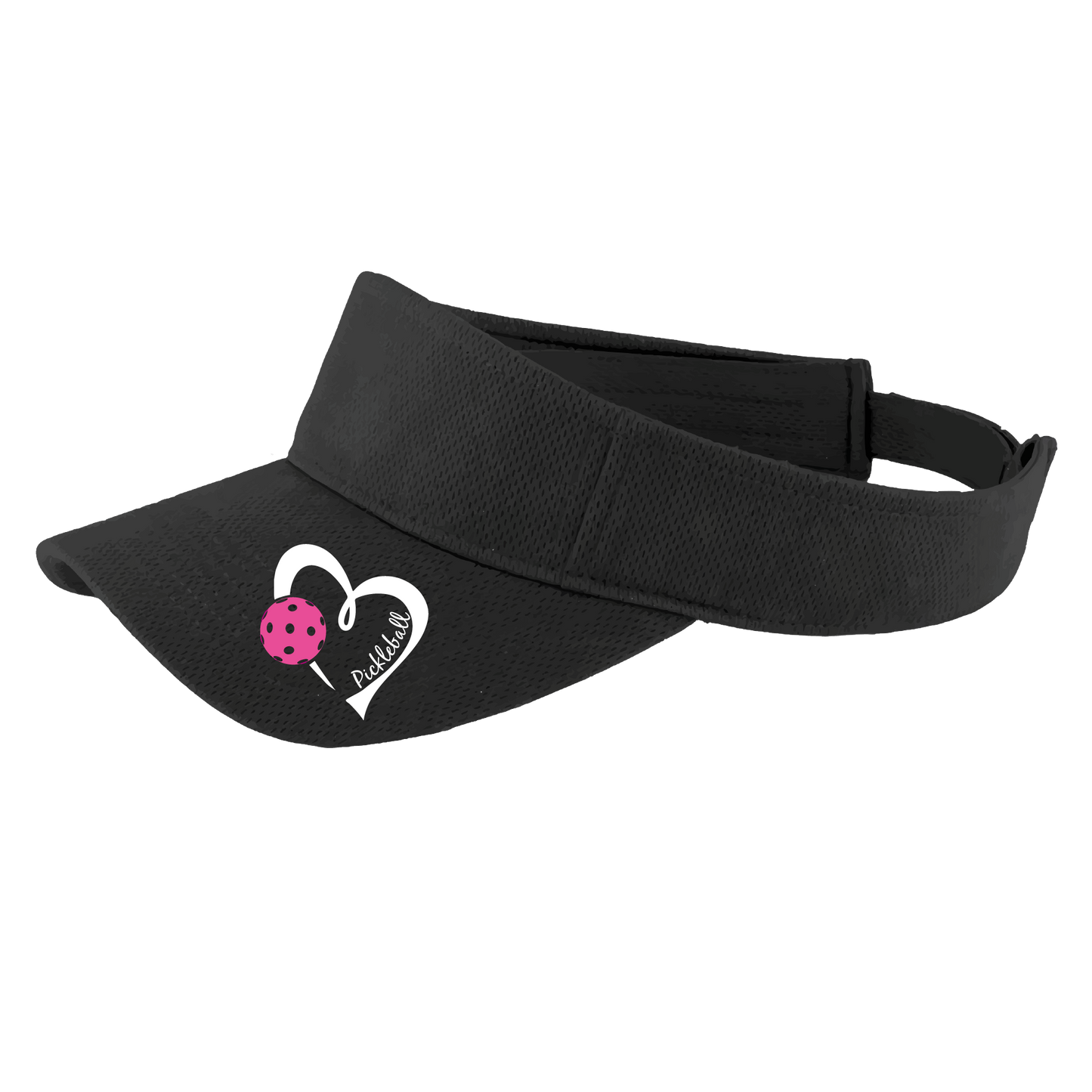 Pickleball Visor Design: Pickleball Love Heart and Ball - Design is White with Pink Ball  This fun pickleball visor is the perfect accessory for all pickleball players needing to keep their focus on the game and not the sun. The moisture-wicking material is made of 100% polyester with closed-hole flat back mesh and PosiCharge Technology. The back closure is a hook and loop style made to adjust to every adult.