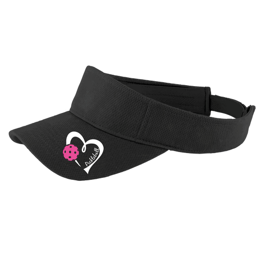 Pickleball Visor Design: Pickleball Love Heart and Ball - Design is White with Pink Ball  This fun pickleball visor is the perfect accessory for all pickleball players needing to keep their focus on the game and not the sun. The moisture-wicking material is made of 100% polyester with closed-hole flat back mesh and PosiCharge Technology. The back closure is a hook and loop style made to adjust to every adult.