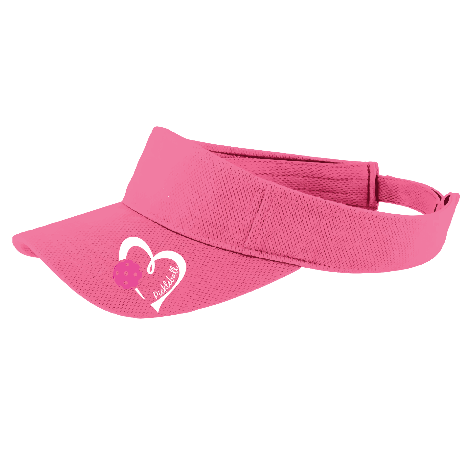 Pickleball Visor Design: Pickleball Love Heart and Ball - Design is White with Pink Ball  This fun pickleball visor is the perfect accessory for all pickleball players needing to keep their focus on the game and not the sun. The moisture-wicking material is made of 100% polyester with closed-hole flat back mesh and PosiCharge Technology. The back closure is a hook and loop style made to adjust to every adult.