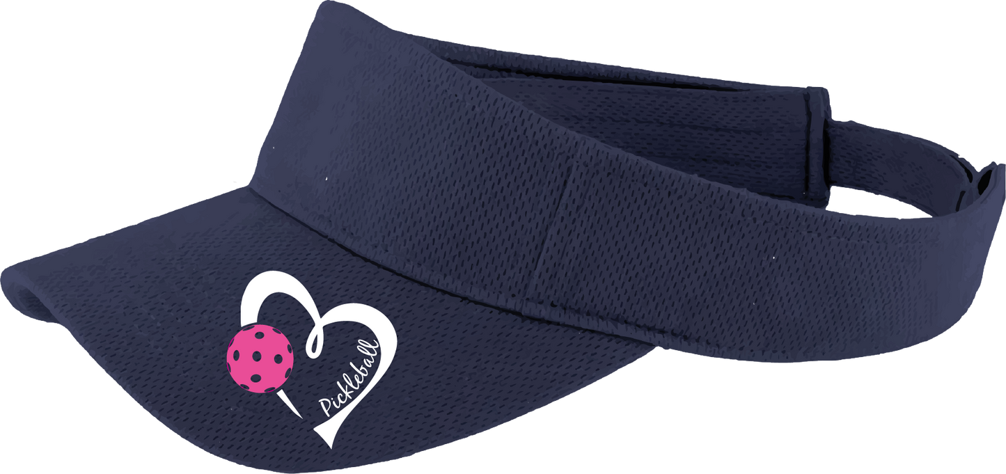 Pickleball Visor Design: Pickleball Love Heart and Ball - Design is White with Pink Ball  This fun pickleball visor is the perfect accessory for all pickleball players needing to keep their focus on the game and not the sun. The moisture-wicking material is made of 100% polyester with closed-hole flat back mesh and PosiCharge Technology. The back closure is a hook and loop style made to adjust to every adult.