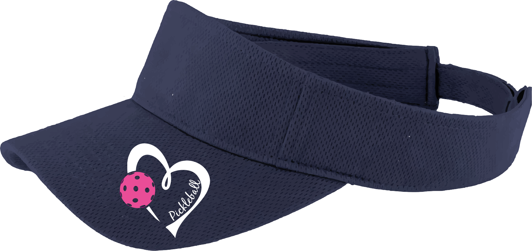 Pickleball Visor Design: Pickleball Love Heart and Ball - Design is White with Pink Ball  This fun pickleball visor is the perfect accessory for all pickleball players needing to keep their focus on the game and not the sun. The moisture-wicking material is made of 100% polyester with closed-hole flat back mesh and PosiCharge Technology. The back closure is a hook and loop style made to adjust to every adult.