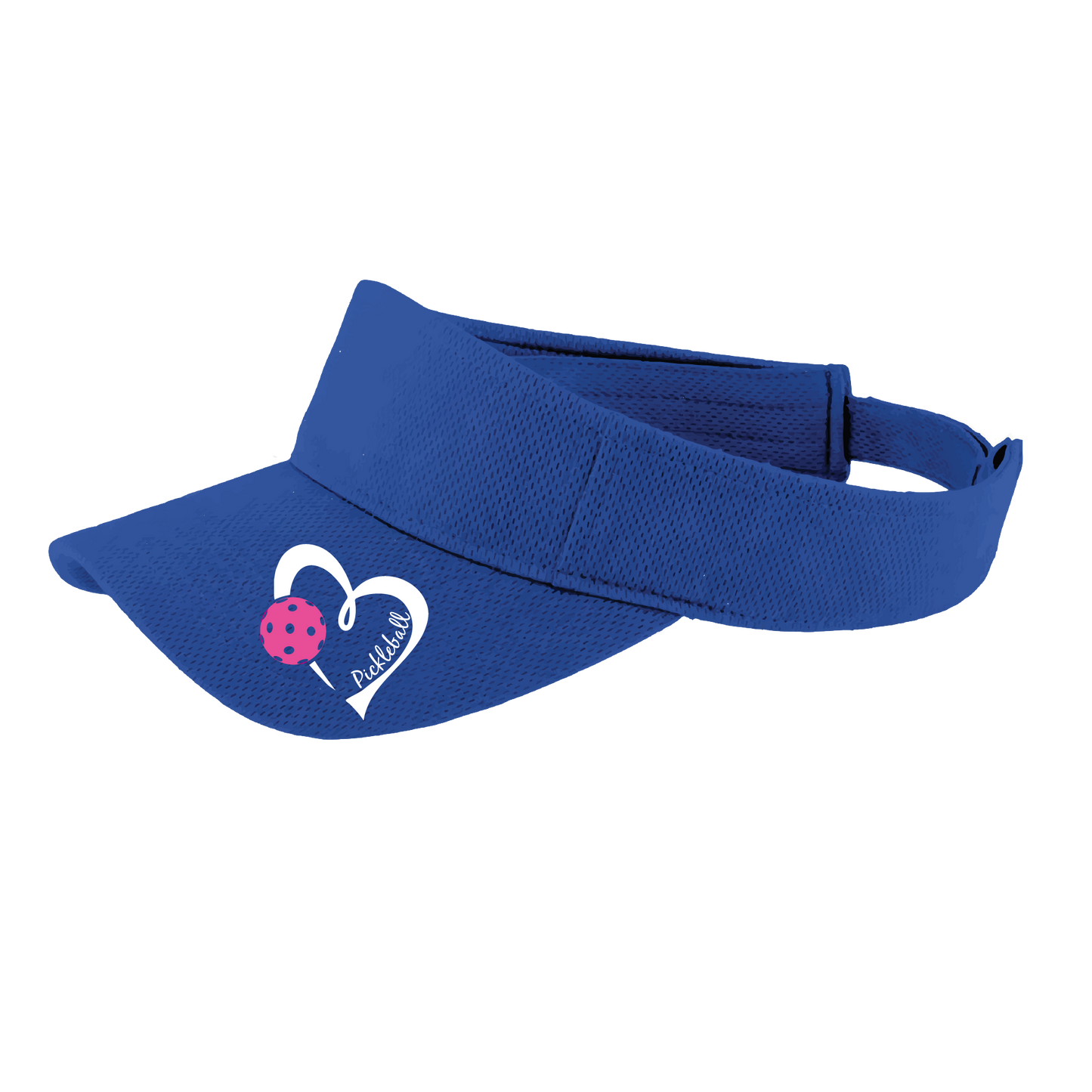 Pickleball Visor Design: Pickleball Love Heart and Ball - Design is White with Pink Ball  This fun pickleball visor is the perfect accessory for all pickleball players needing to keep their focus on the game and not the sun. The moisture-wicking material is made of 100% polyester with closed-hole flat back mesh and PosiCharge Technology. The back closure is a hook and loop style made to adjust to every adult.