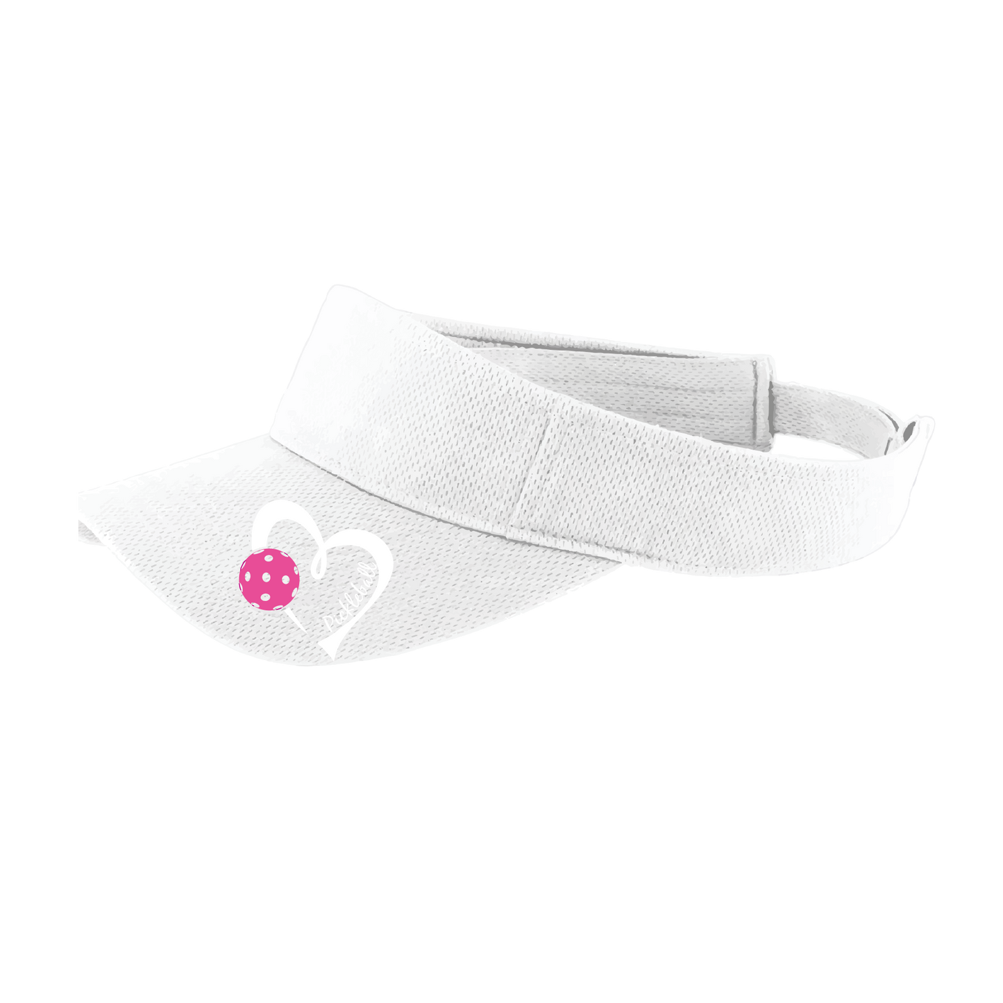 Pickleball Visor Design: Pickleball Love Heart and Ball - Design is White with Pink Ball  This fun pickleball visor is the perfect accessory for all pickleball players needing to keep their focus on the game and not the sun. The moisture-wicking material is made of 100% polyester with closed-hole flat back mesh and PosiCharge Technology. The back closure is a hook and loop style made to adjust to every adult.