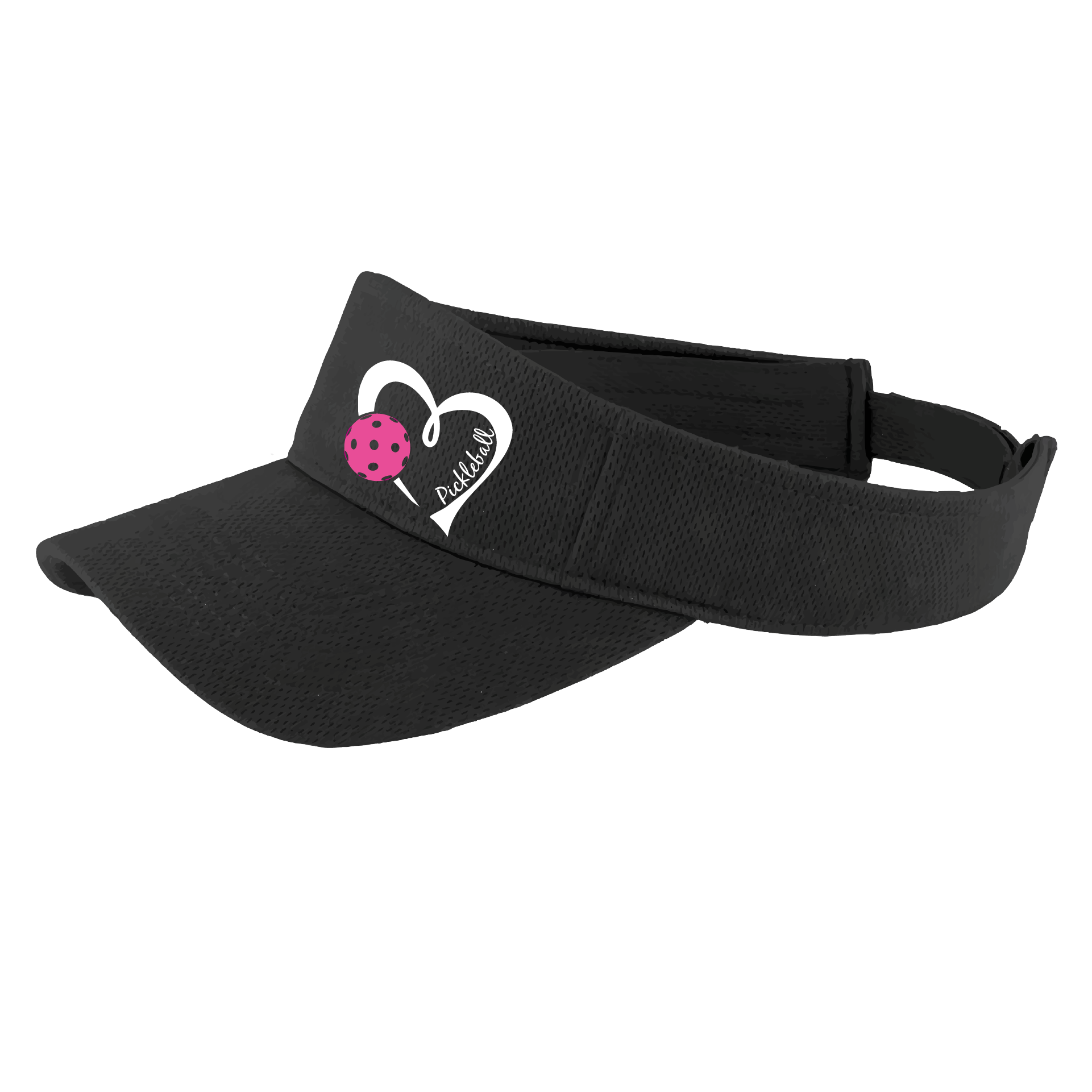 Pickleball Visor Design: Pickleball Love Heart and Ball - Design is White with Pink Ball  This fun pickleball visor is the perfect accessory for all pickleball players needing to keep their focus on the game and not the sun. The moisture-wicking material is made of 100% polyester with closed-hole flat back mesh and PosiCharge Technology. The back closure is a hook and loop style made to adjust to every adult.